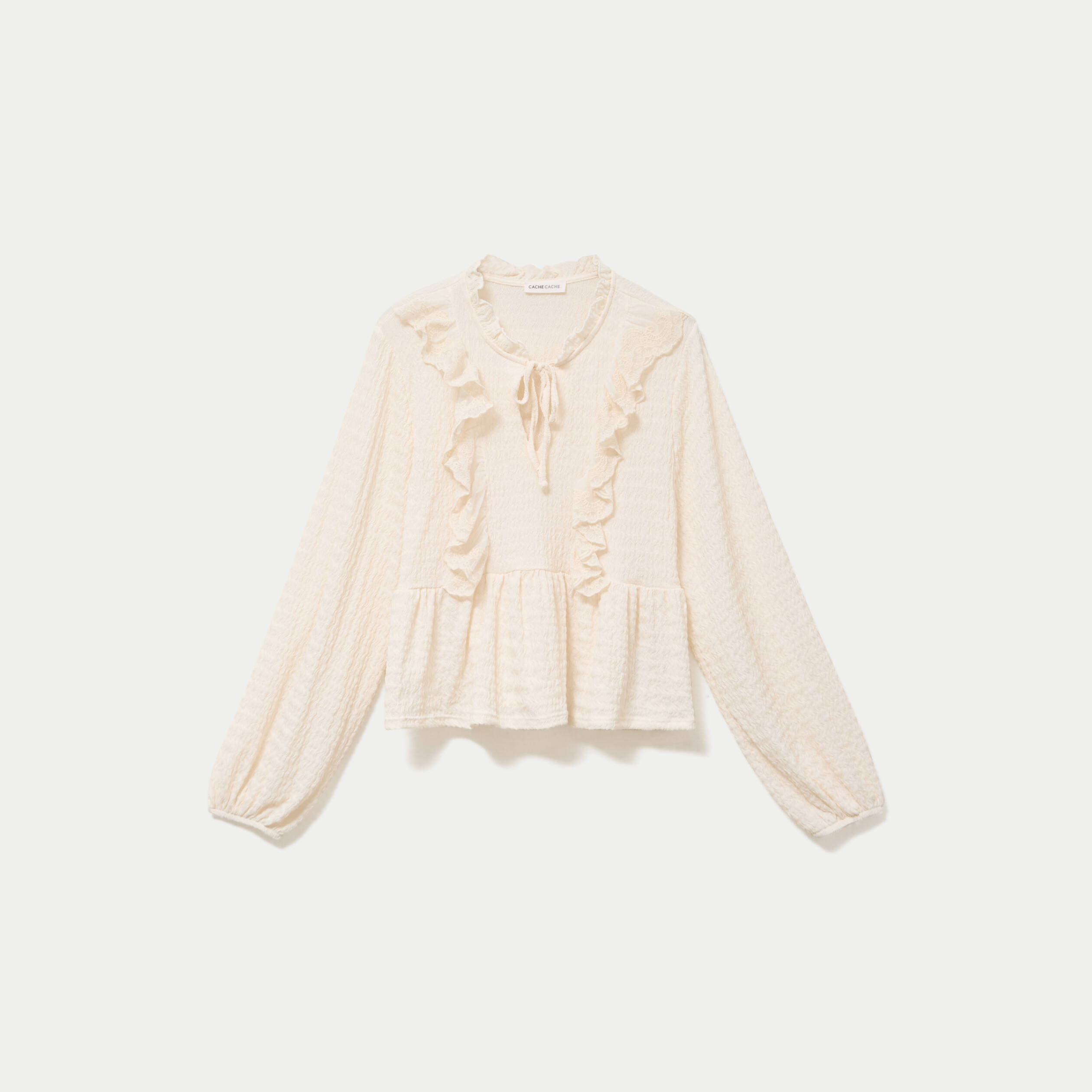 Blouse droite pliss&eacute;e col montant ecru femme