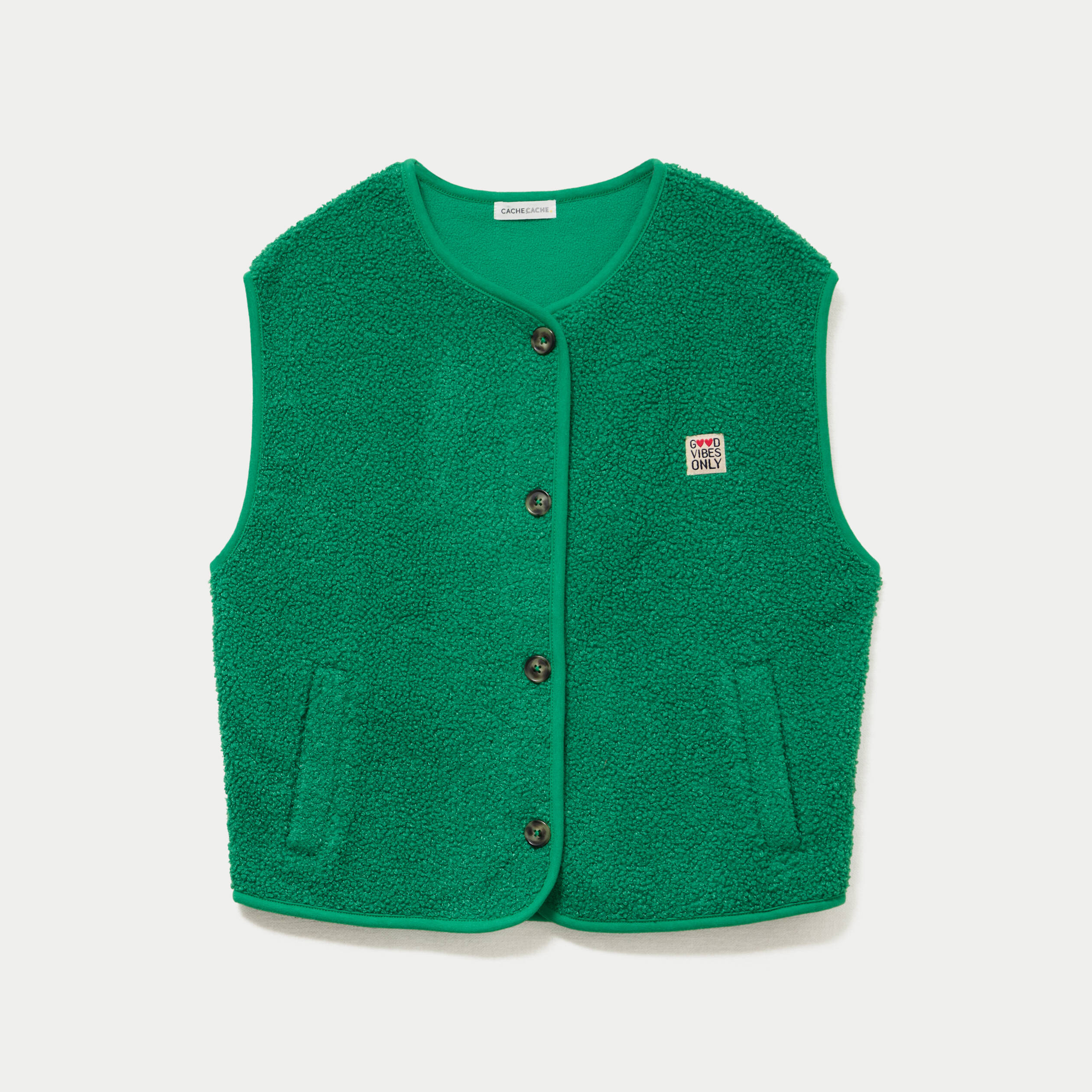 Gilet sans manches fausse fourrure vert fonc&eacute; femme