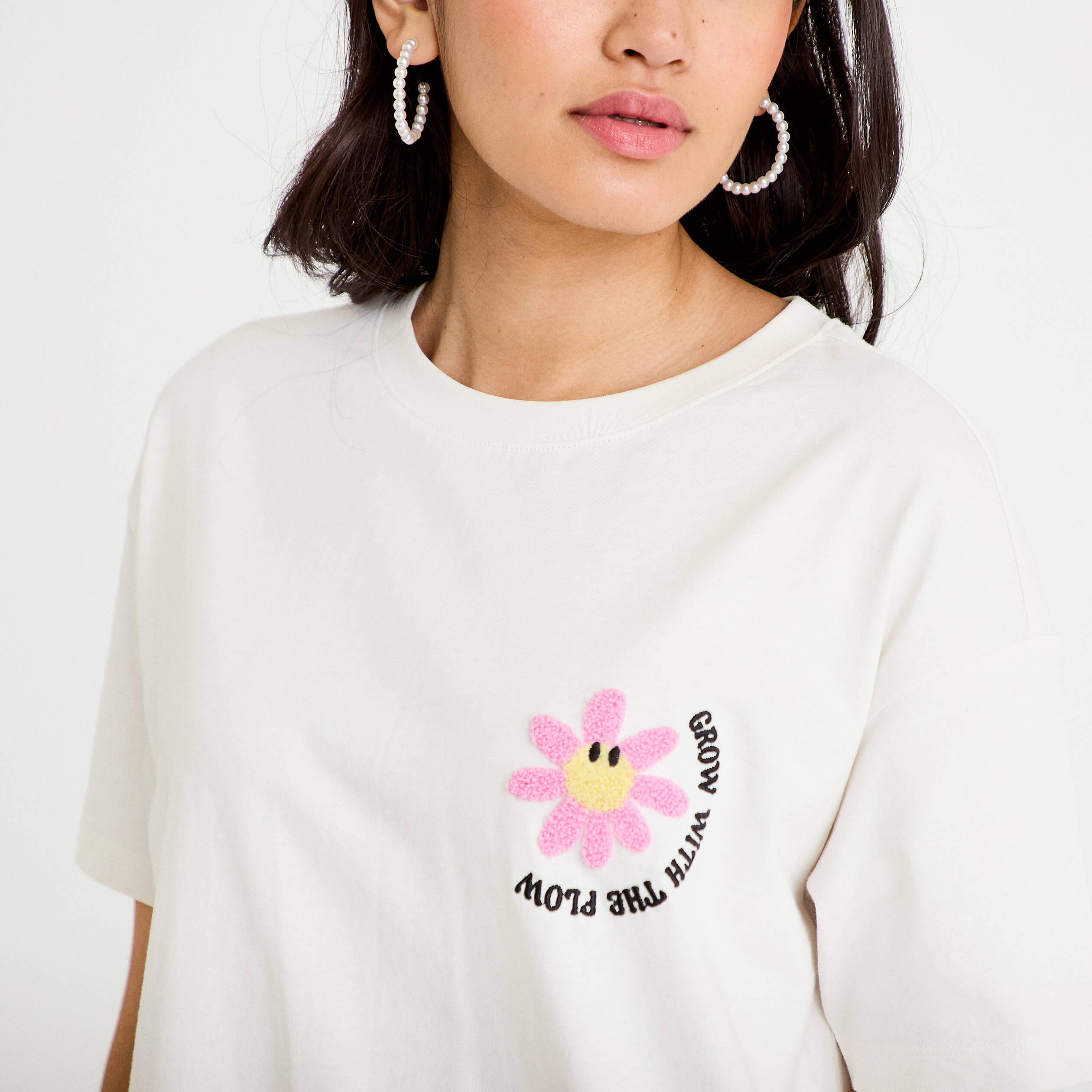 T-shirt col rond manches courtes ecru femme