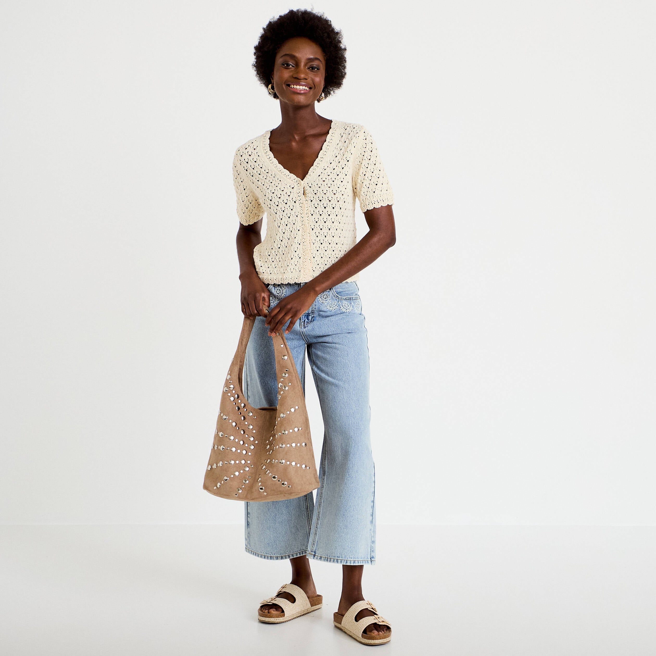 Gilet ajour&eacute; col v manches courtes ecru femme