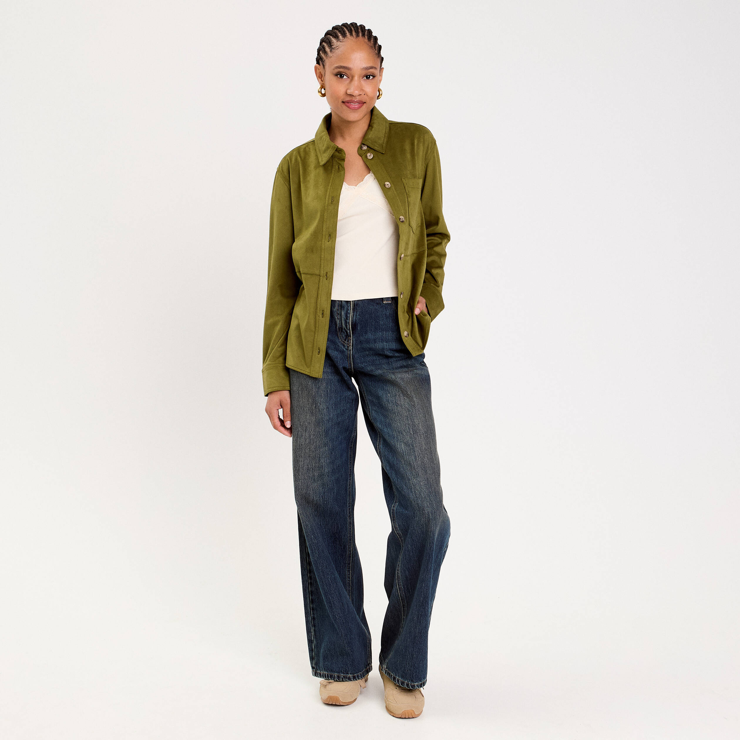 Chemise aspect daim vert olive femme
