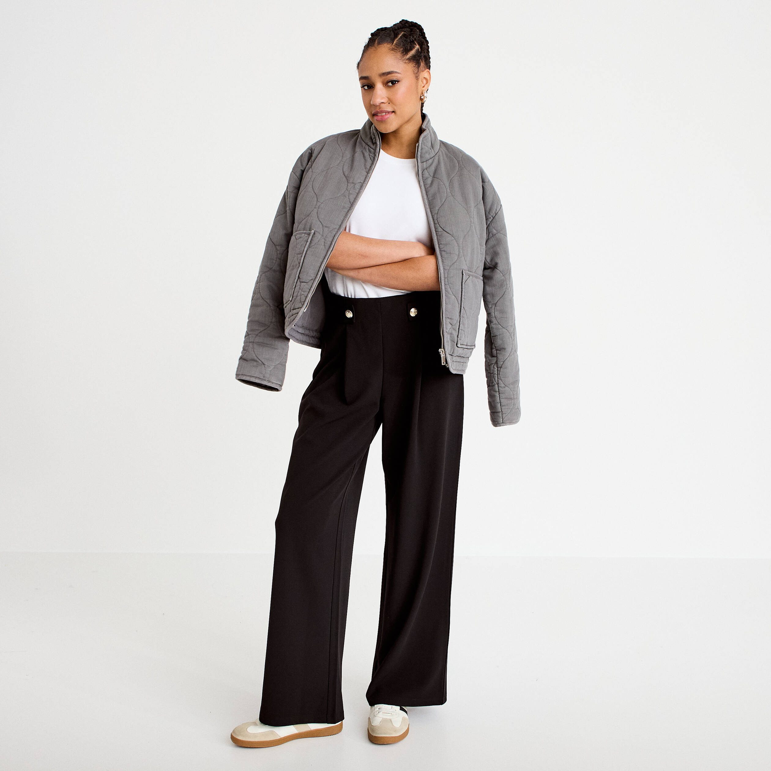 Pantalon large taille haute fluide noir femme
