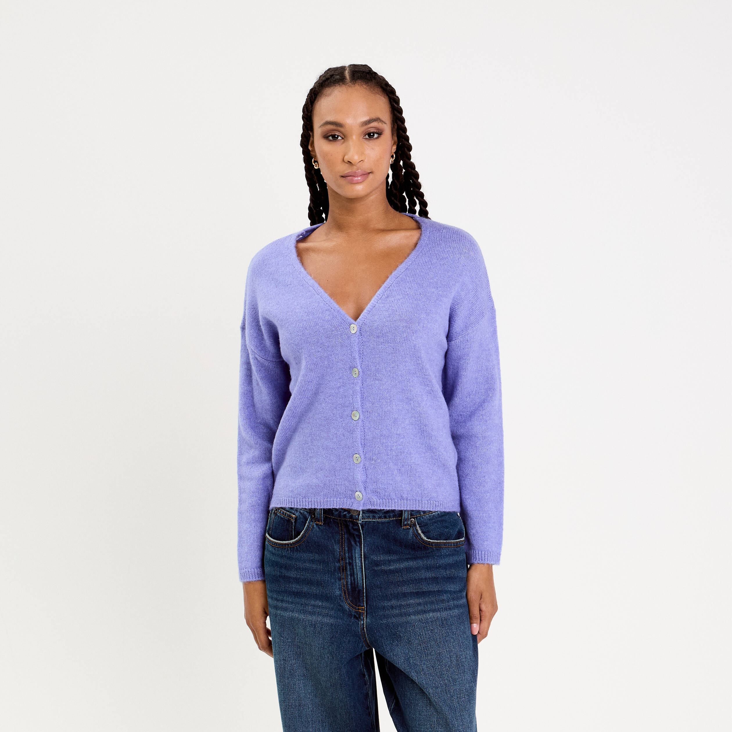 gilet boutonne avec col en v bleu violet femme Gilet boutonné avec col en V bleu violet femme