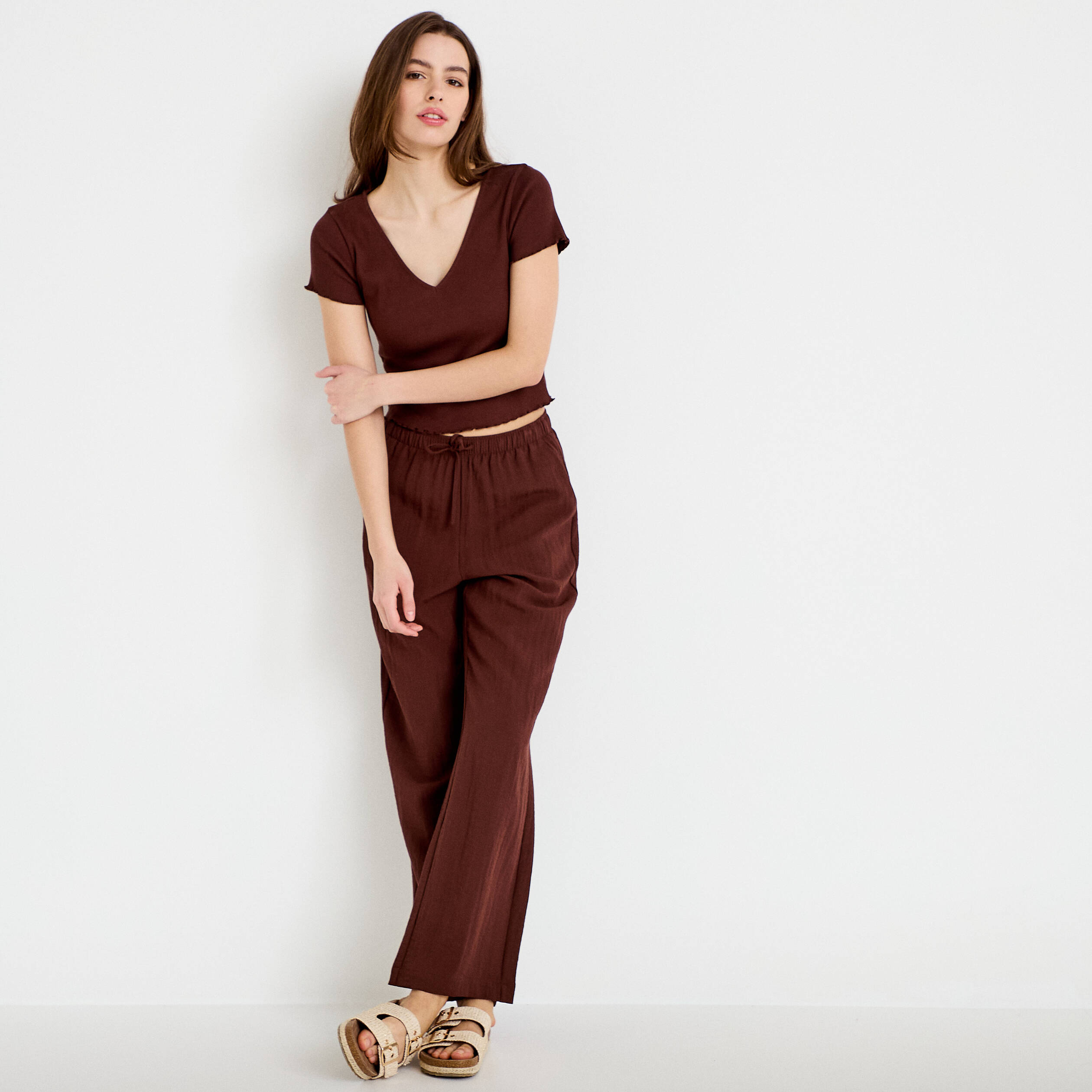 Pantalon large taille haute en cr&ecirc;pe marron femme