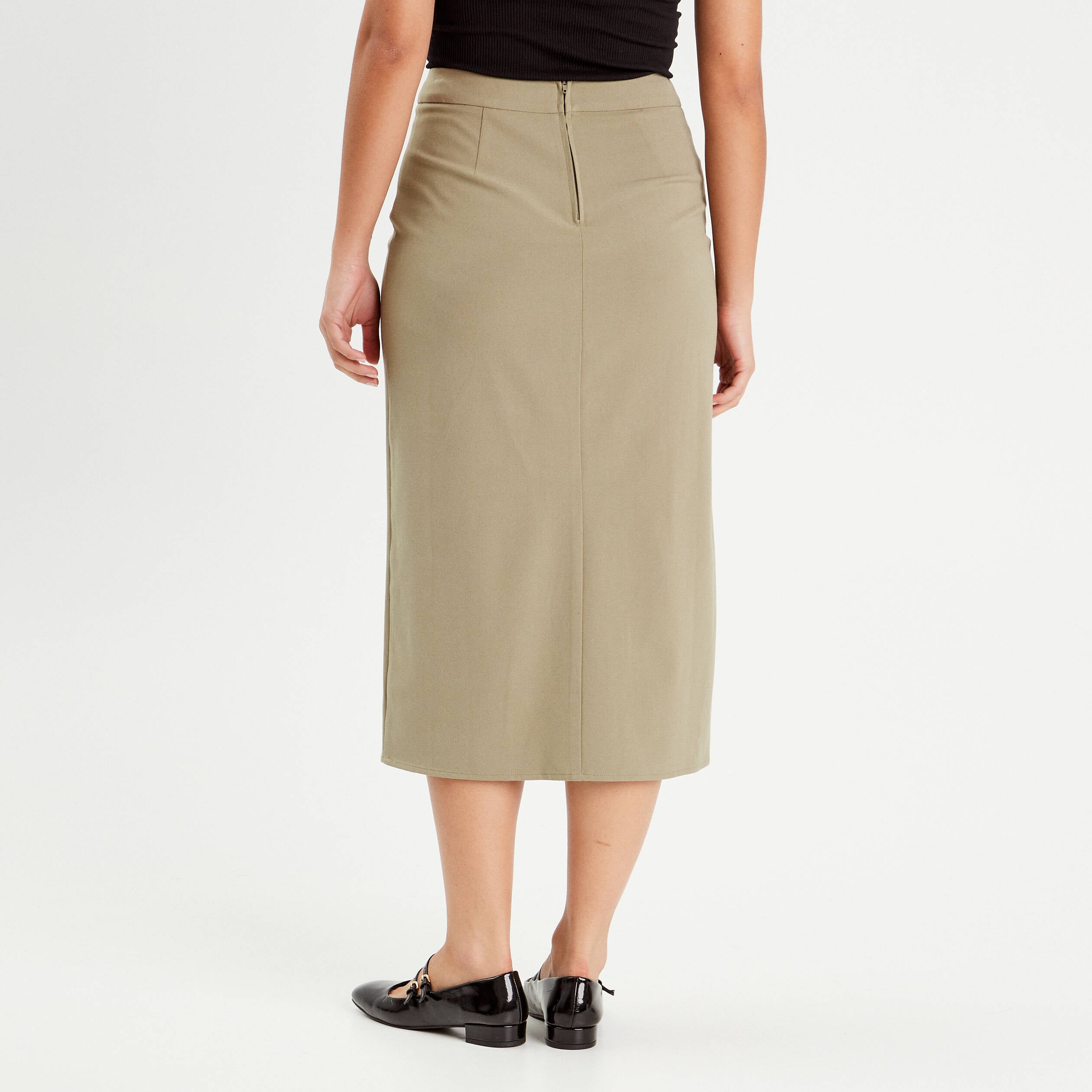 Jupe midi droite vert kaki femme