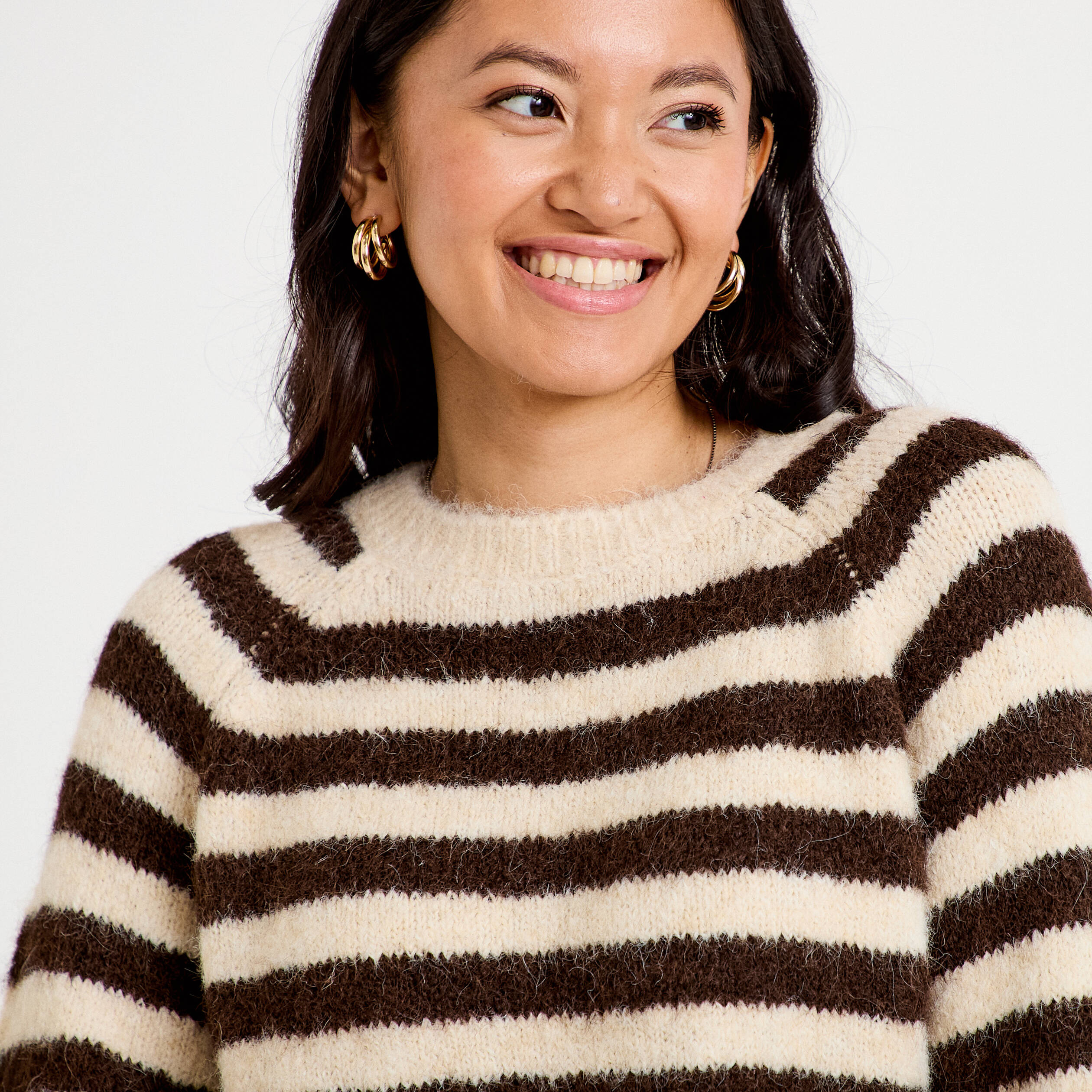 Pull ample col rond manches longues ivoire femme