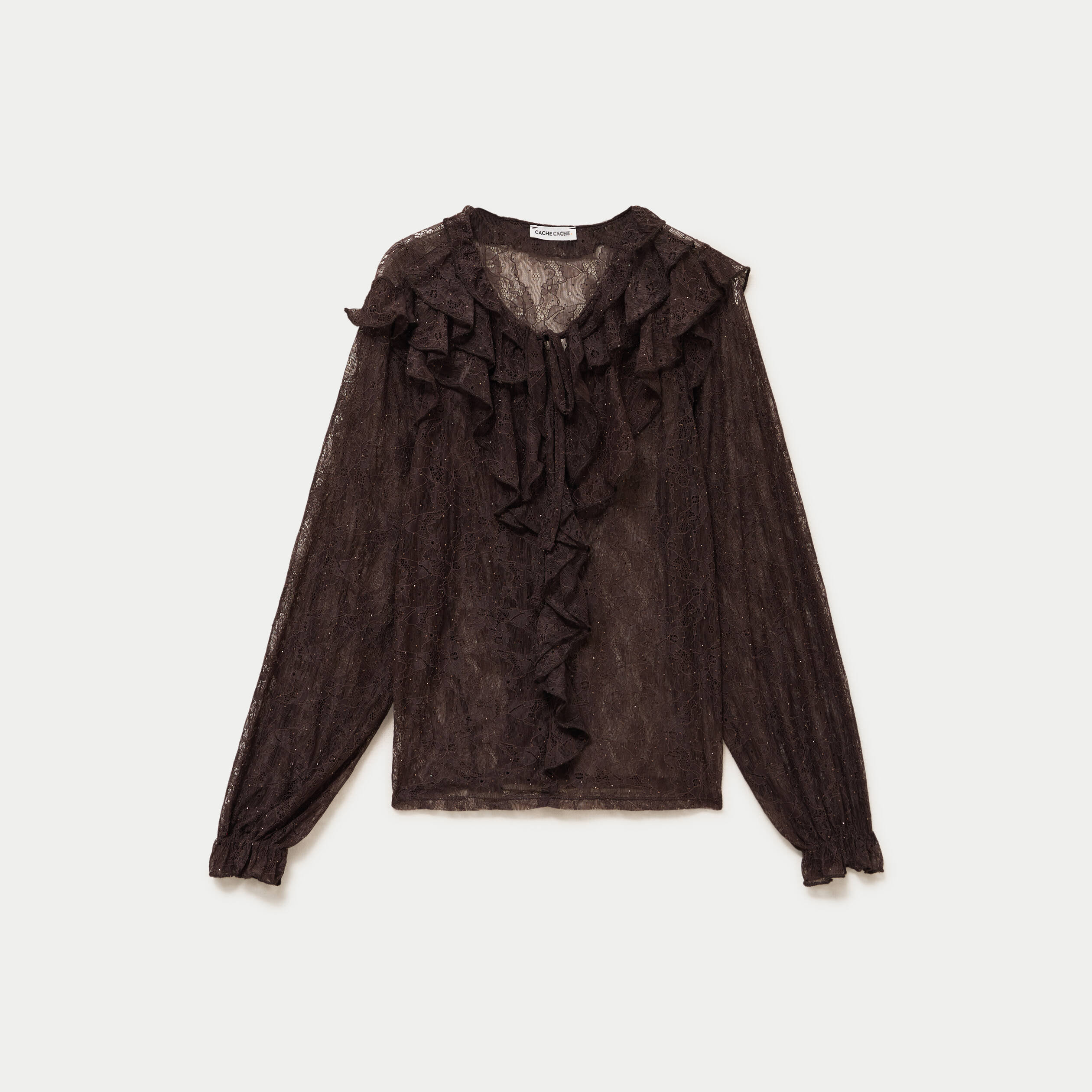 Blouse dentelle manches longues marron fonc&eacute; femme