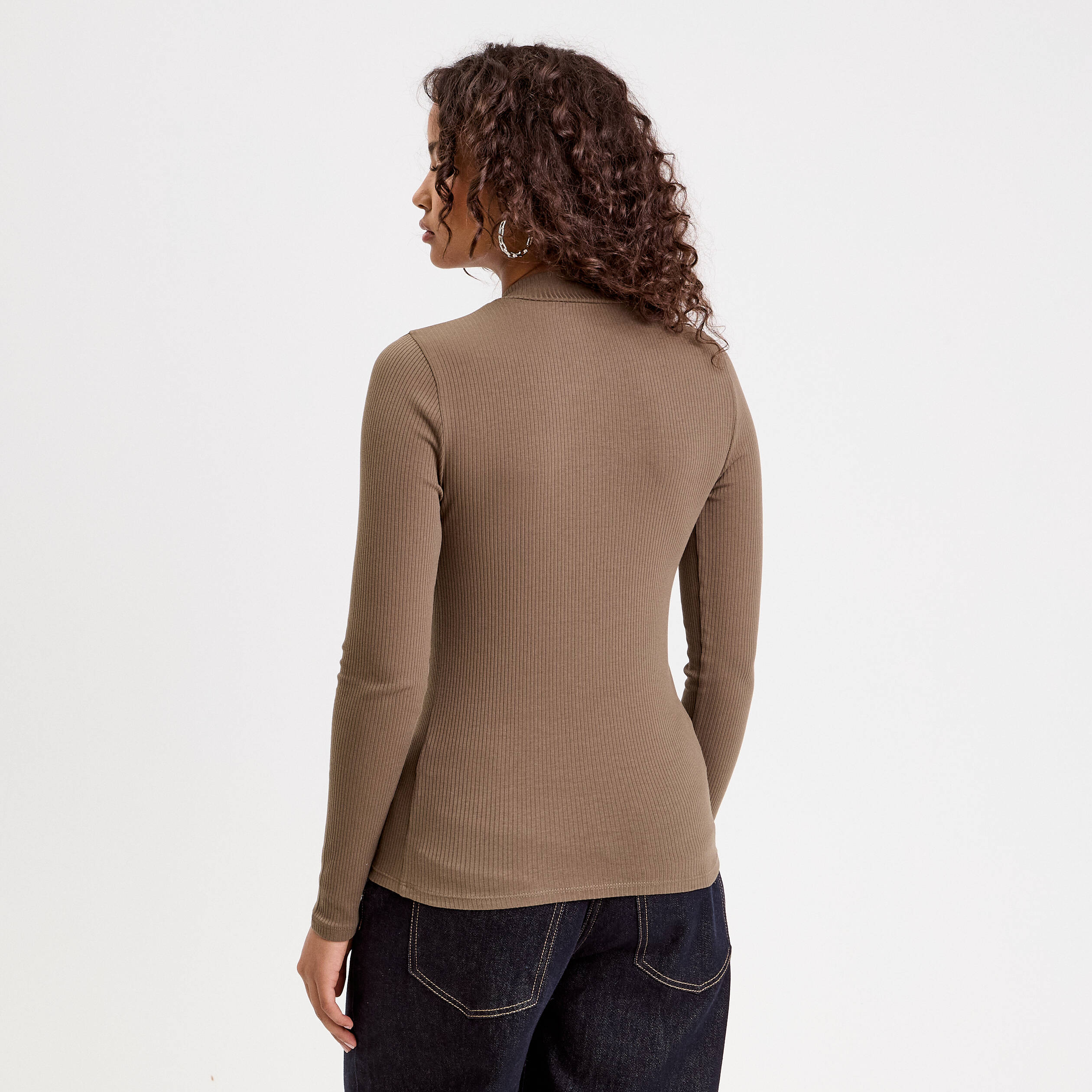 T-shirt manches longues c&ocirc;tel&eacute; vert kaki femme