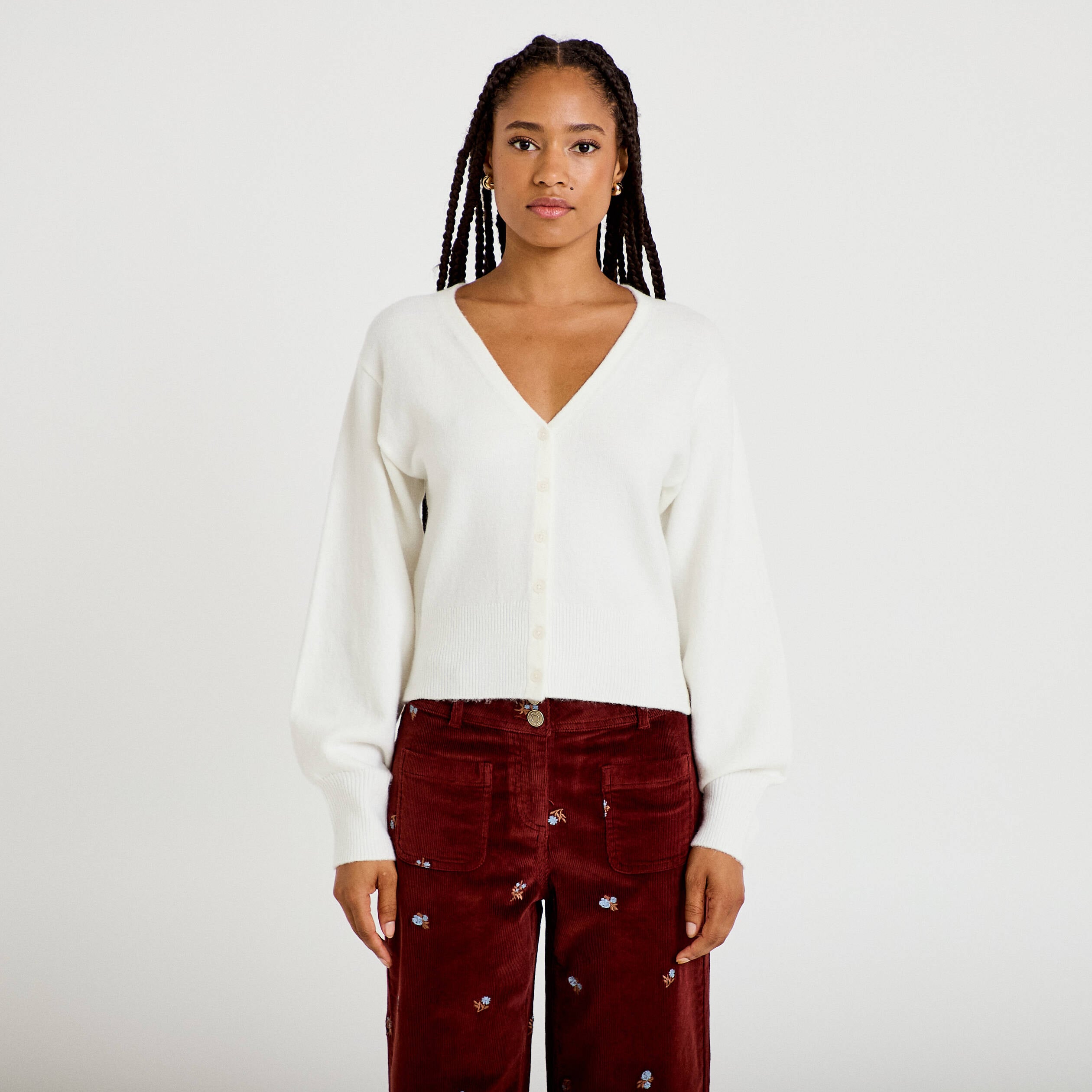 Gilet col v manches longues ecru femme