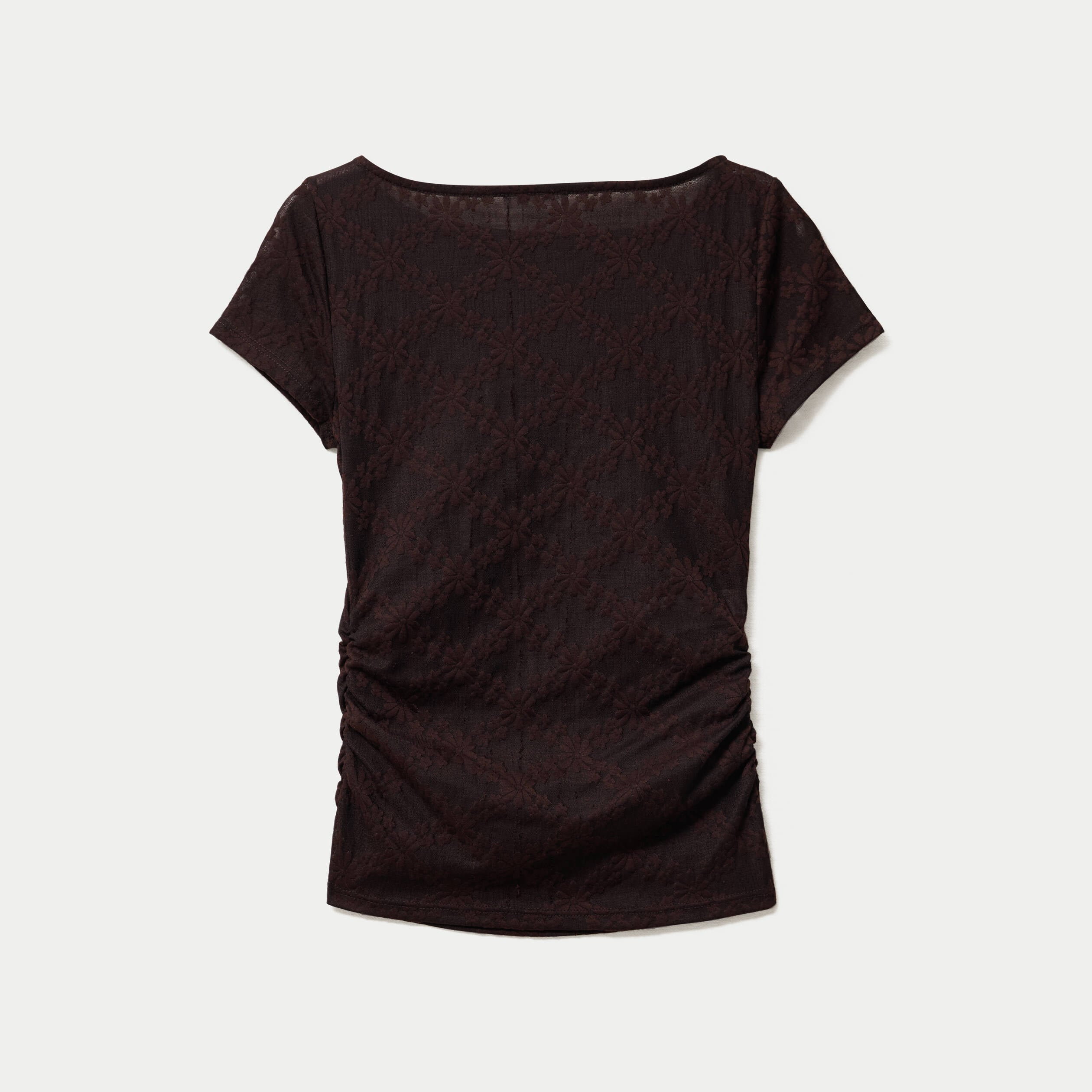 T-shirt ajust&eacute; dentelle col bateau marron fonc&eacute; femme
