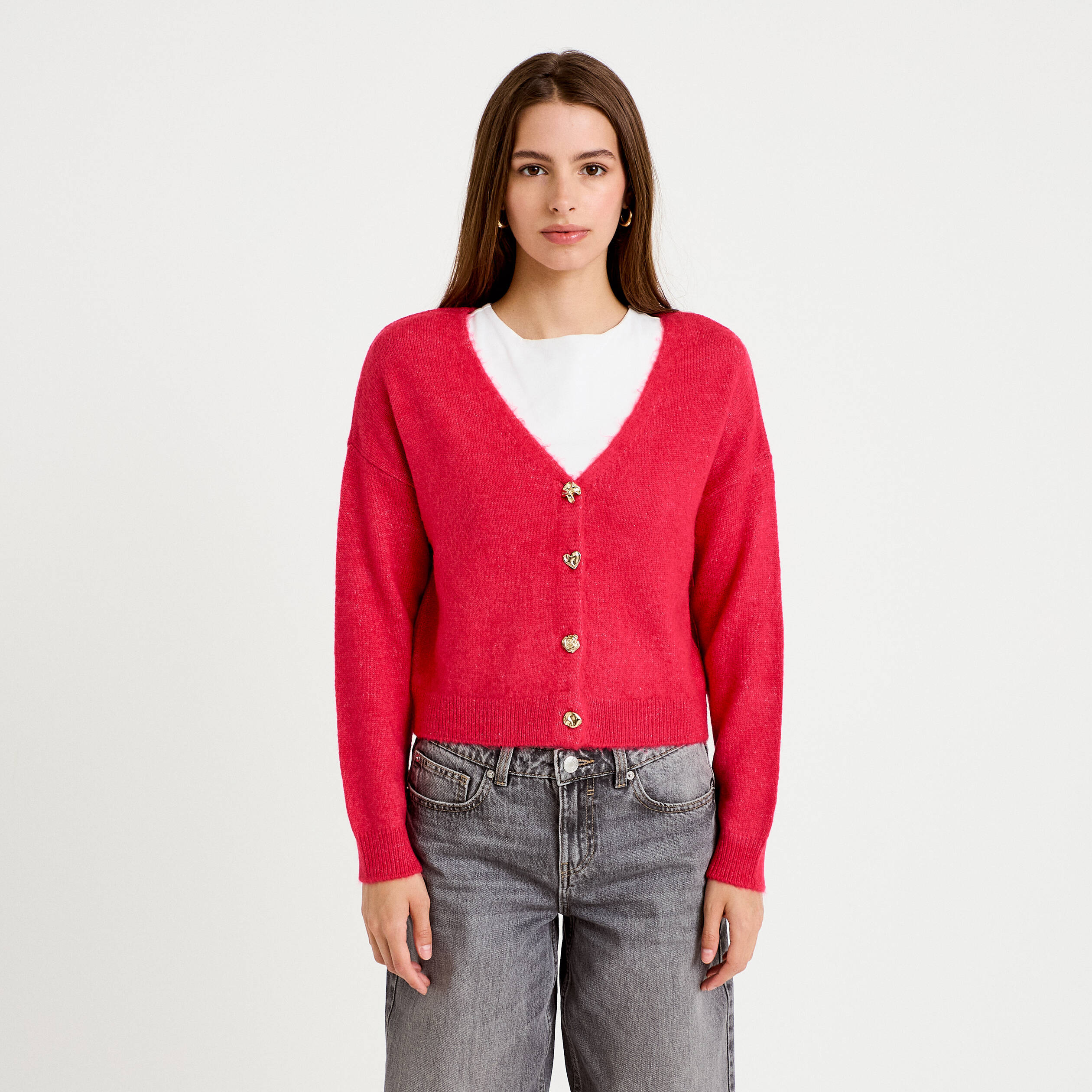 Gilet col v manches longues rouge femme