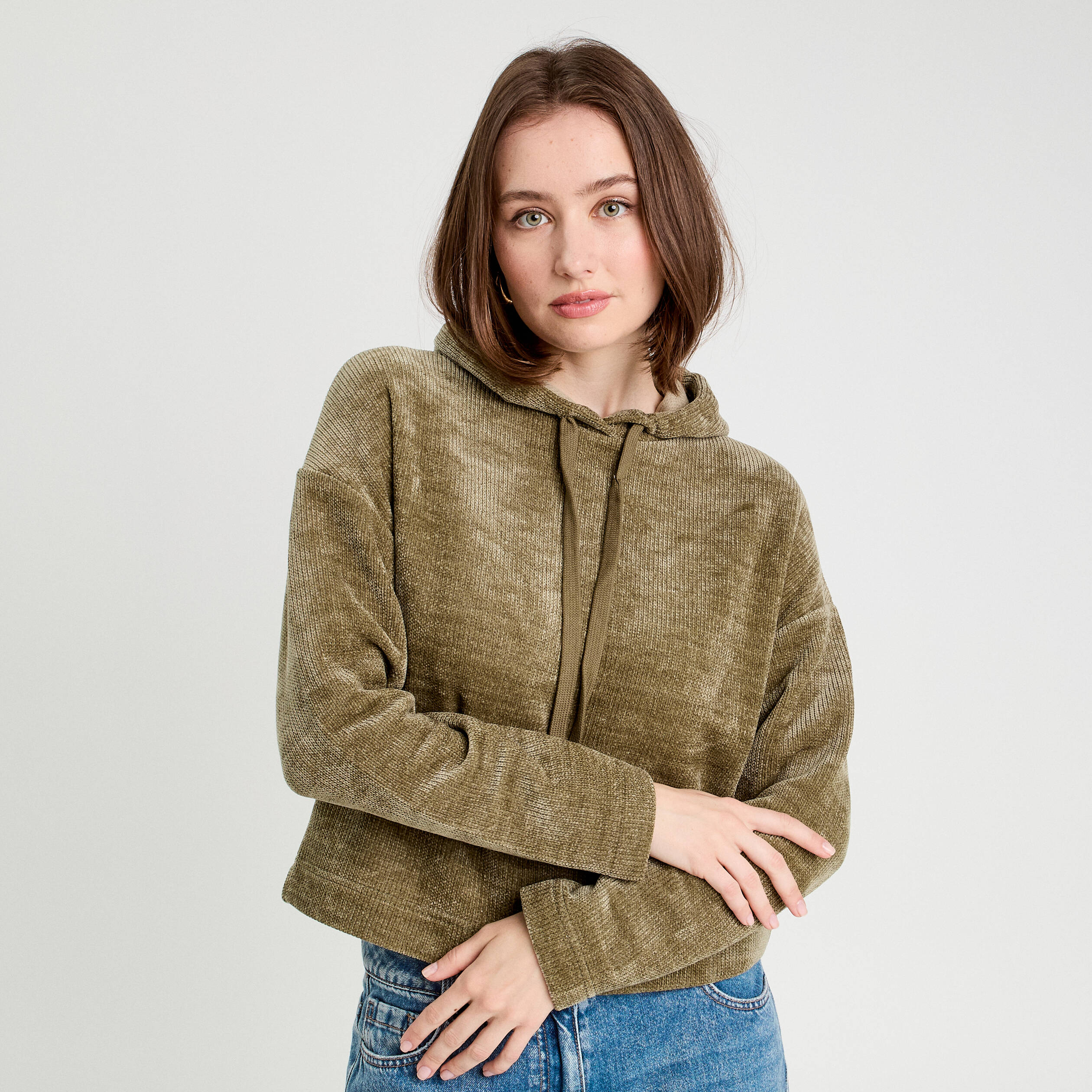 Sweat &agrave; capuche vert kaki femme