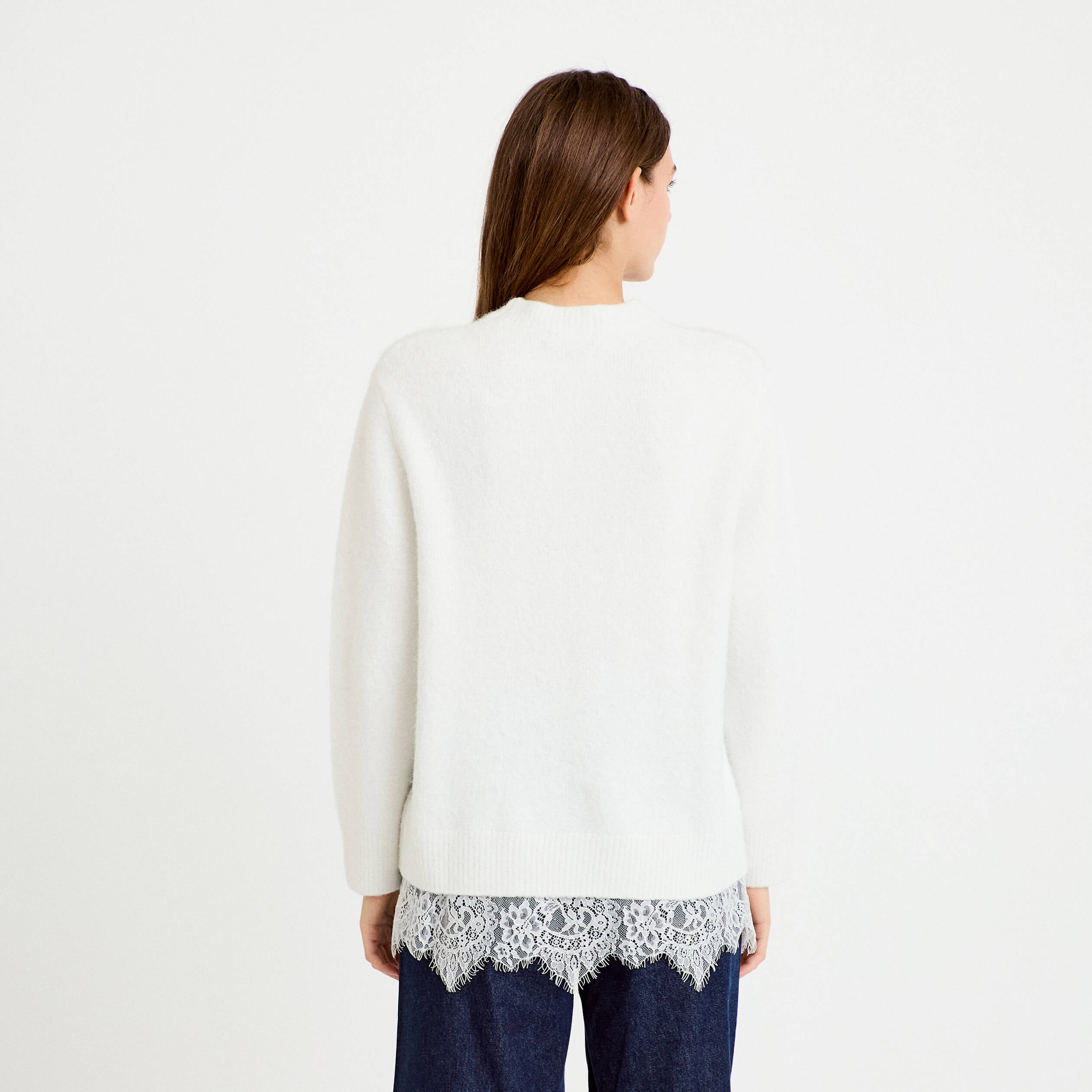 Pull manches longues avec dentelle ecru femme