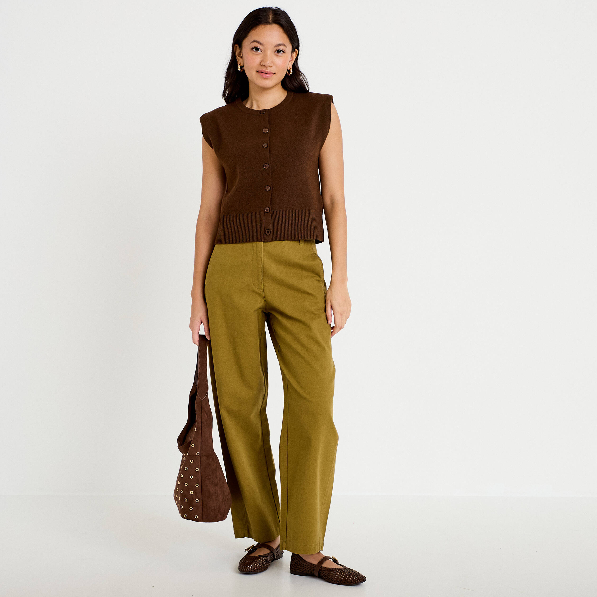 Pantalon chino coupe barrel vert kaki femme