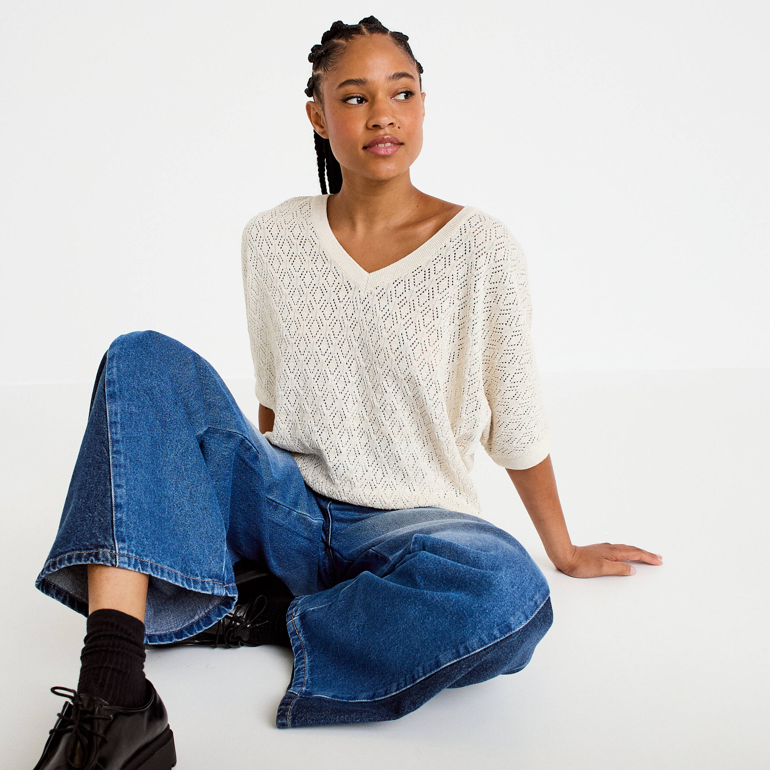 Pull ajour&eacute; col v manches courtes ecru femme