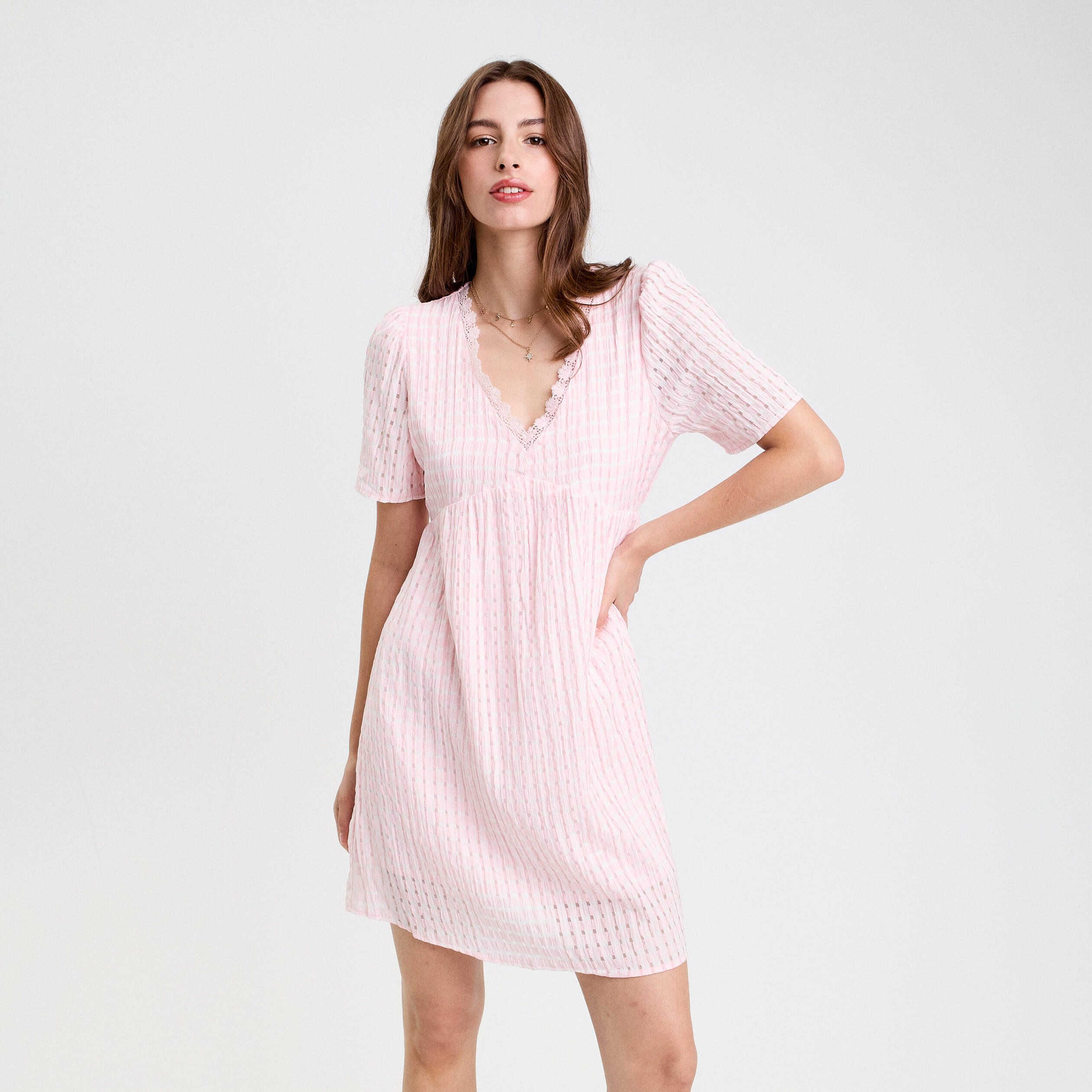 robe evasee col v doublure viscose rose femme Robe évasée col V doublure viscose rose femme