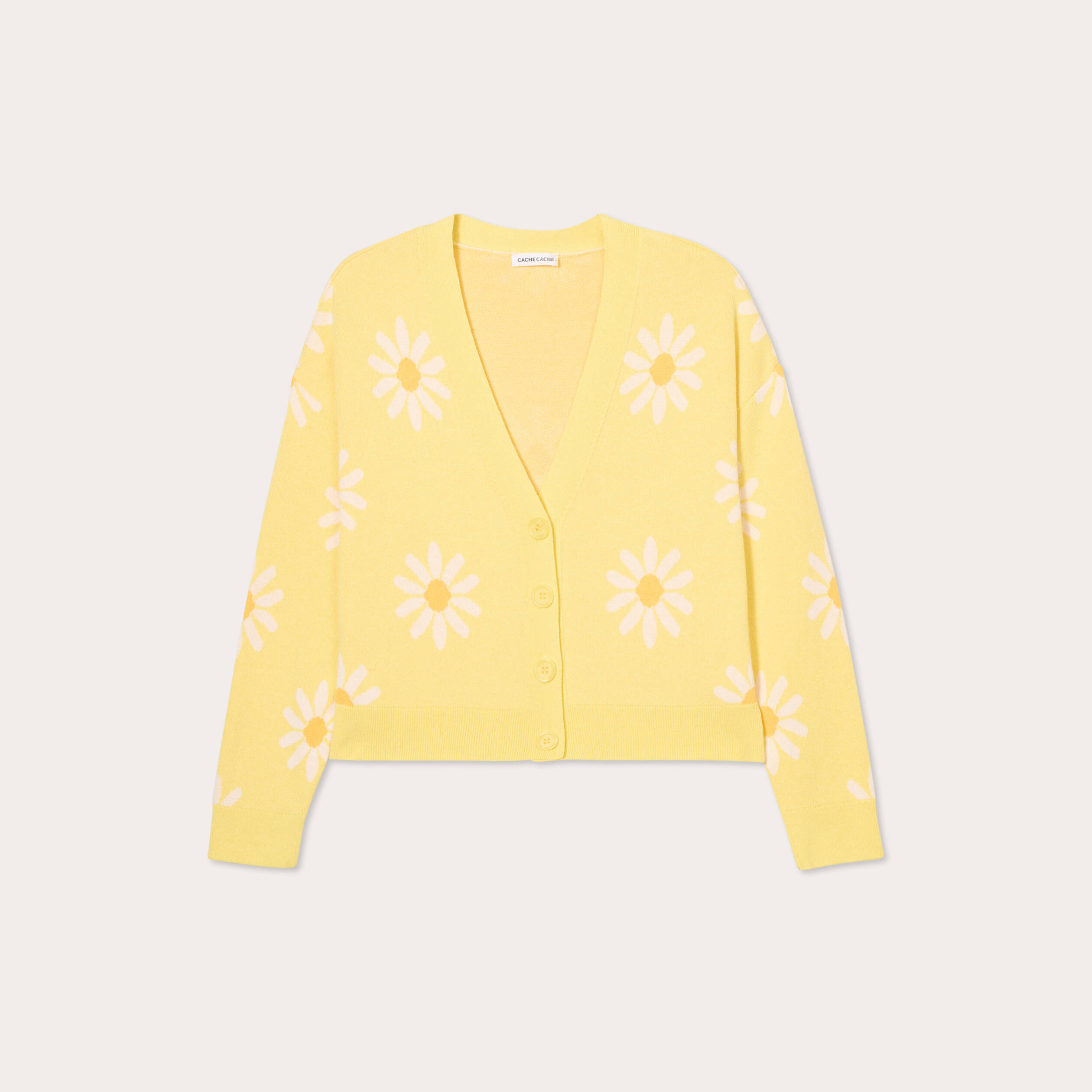Gilet col v motif fleur jaune clair femme