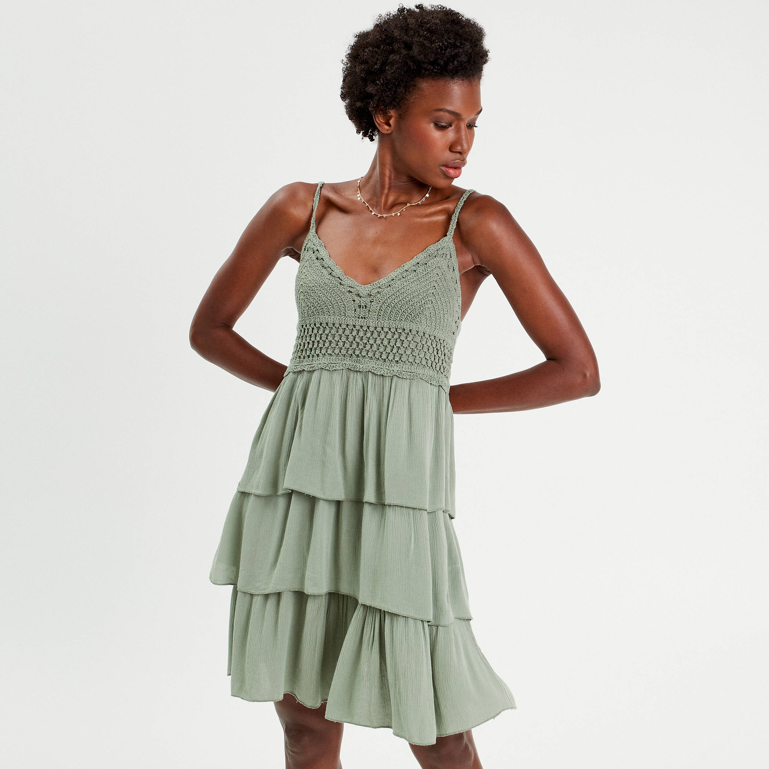 Robe evasee avec volants vert kaki femme Vibs