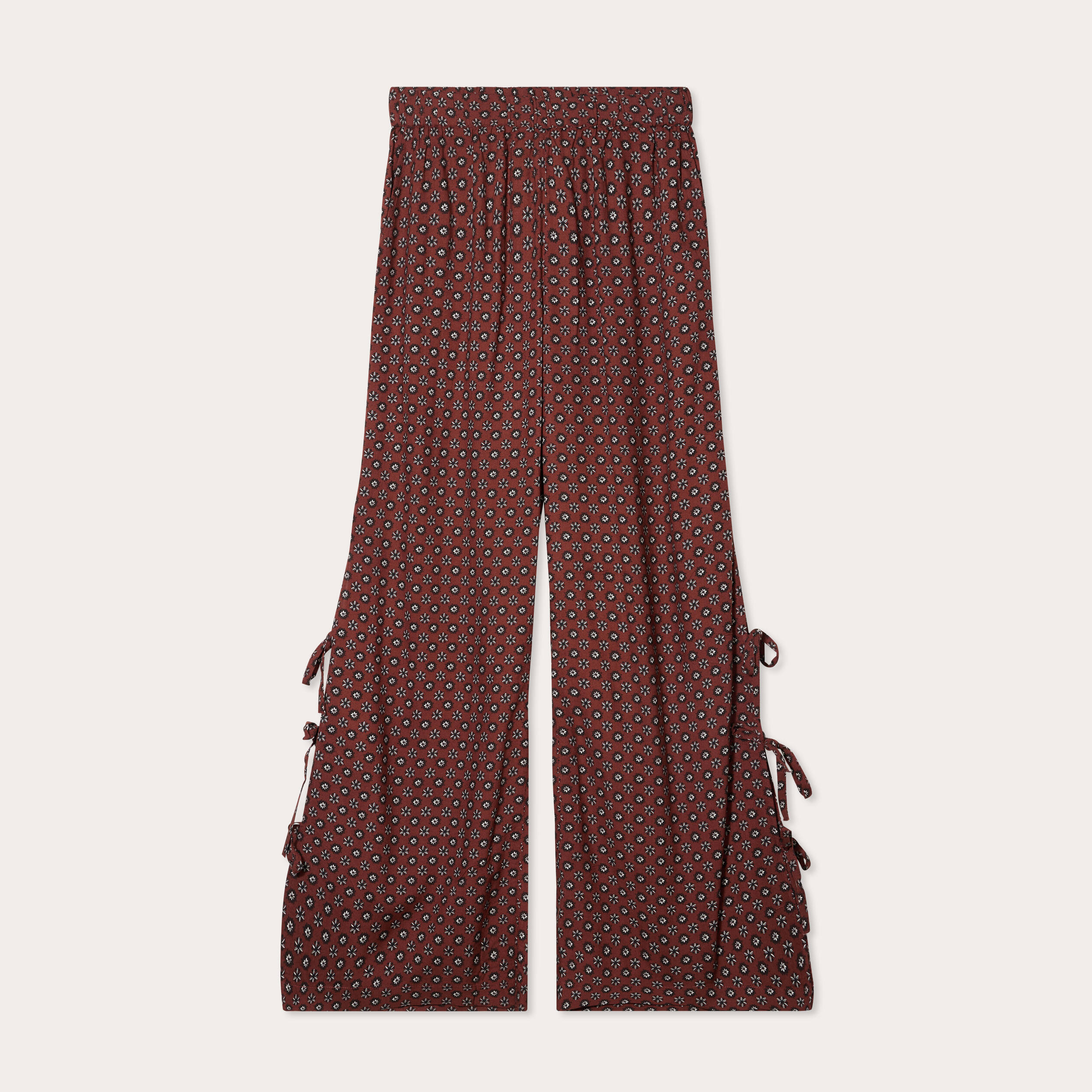 pantalon large avec noeuds marron cognac femme Pantalon large avec noeuds marron cognac femme