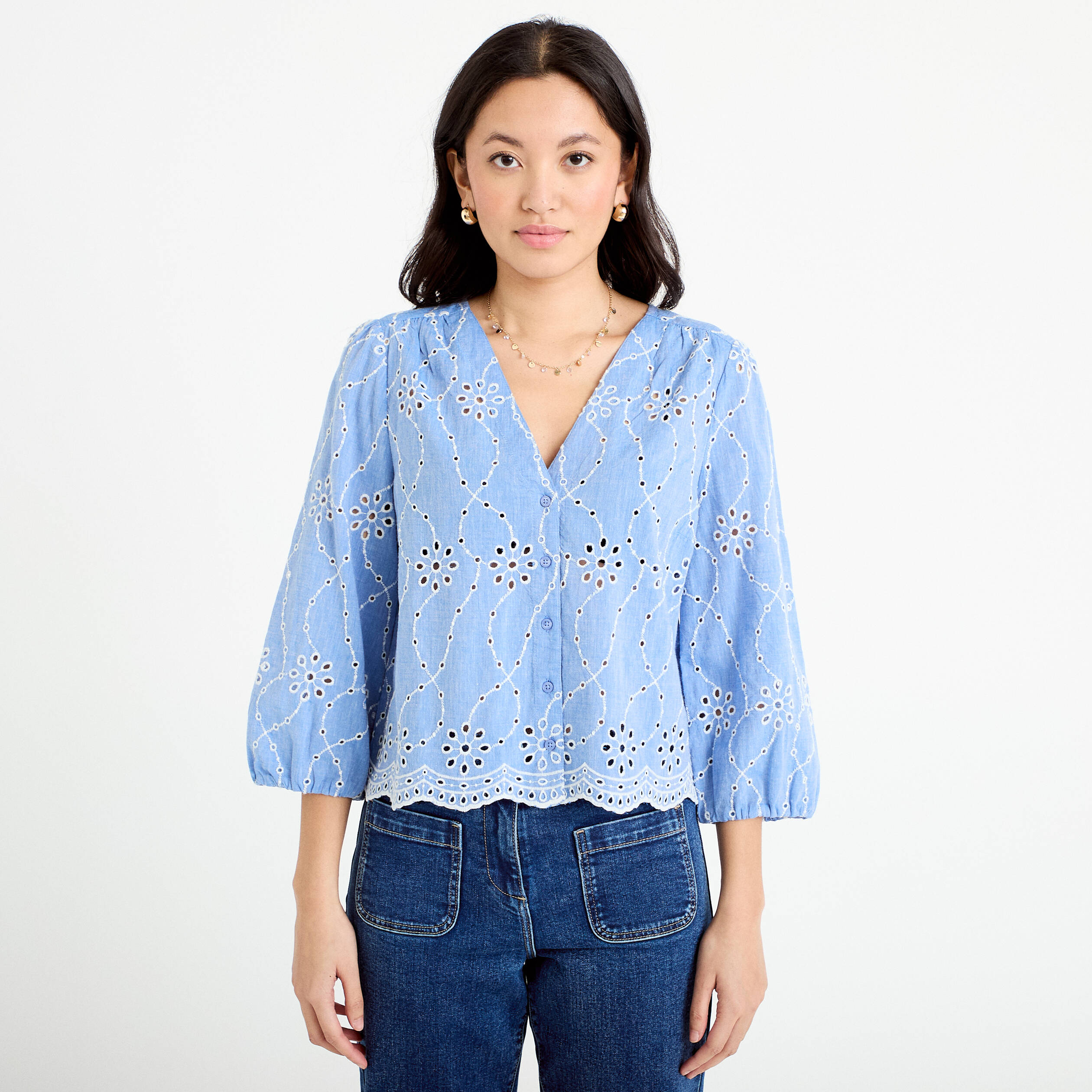 Blouse broderie anglaise bleu gris femme