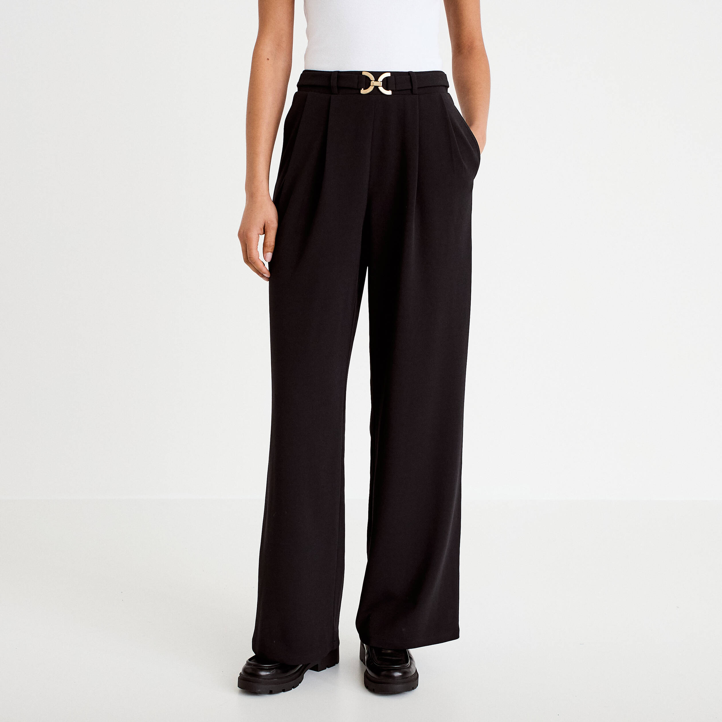 Pantalon large ceinture bijou noir femme