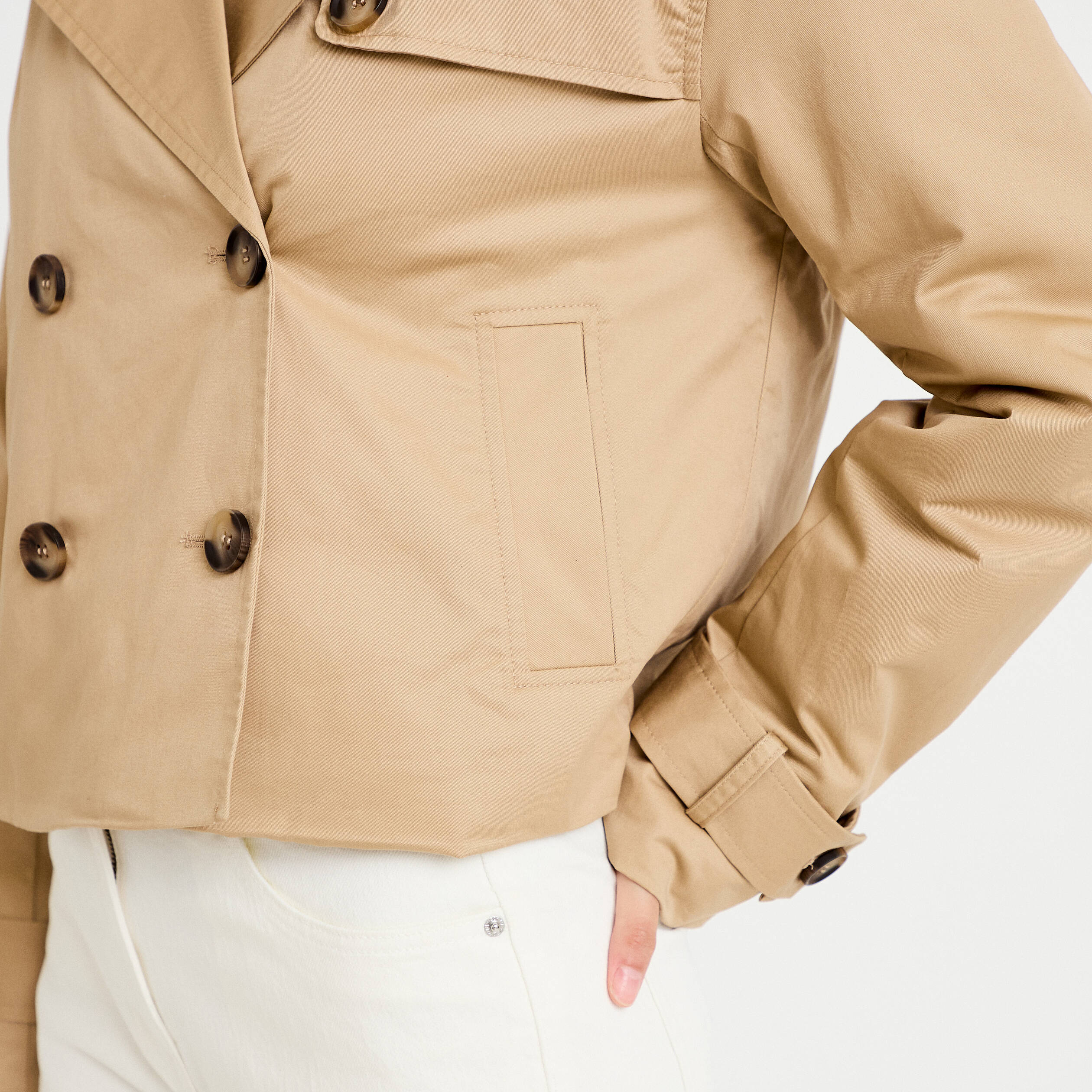 Trench droit court &agrave; capuche amovible beige femme