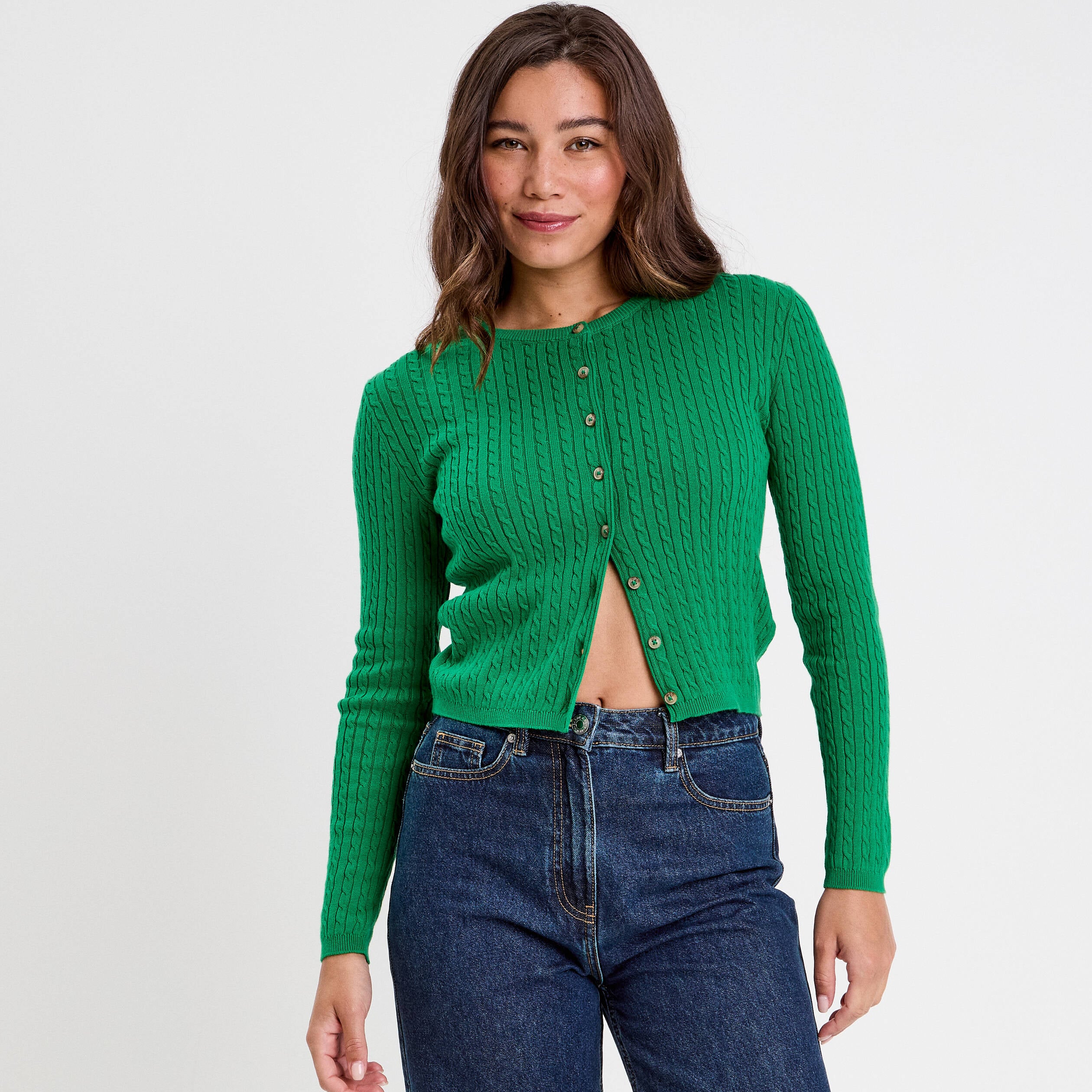 Gilet ajust&eacute; en coton manches longues vert pastel femme