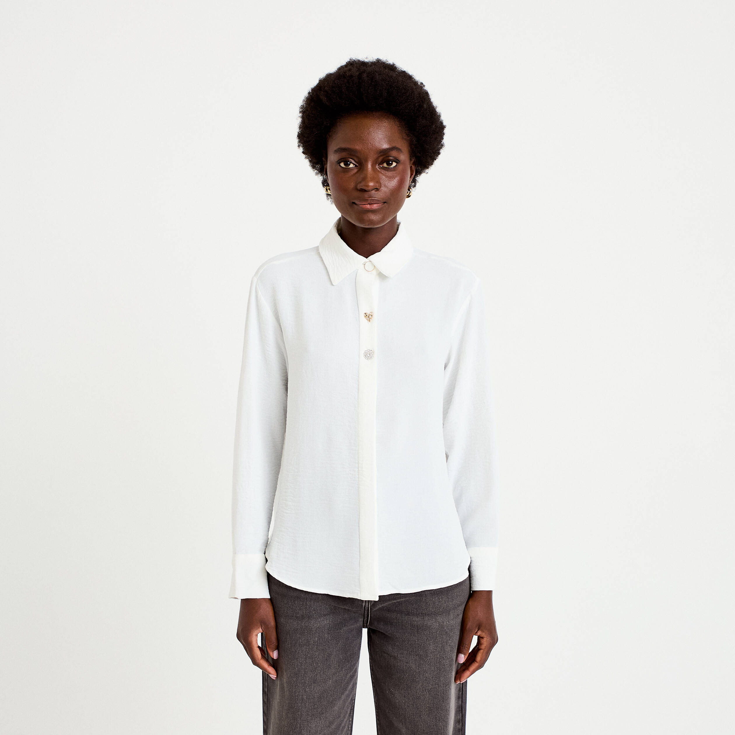 Chemise droite pliss&eacute;e manches longues ecru femme