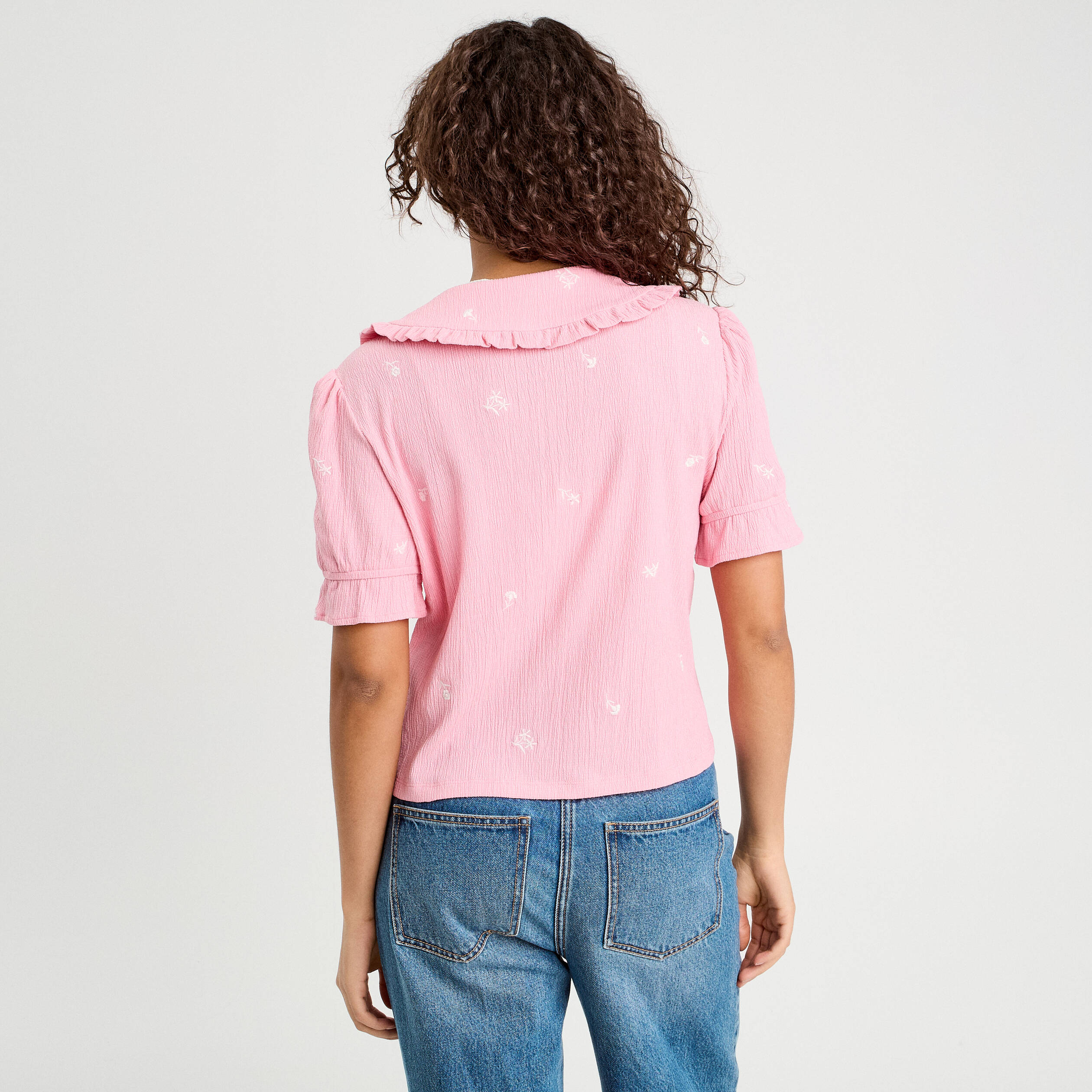 Blouse nou&eacute;e brod&eacute;e rose poudr&eacute;e femme
