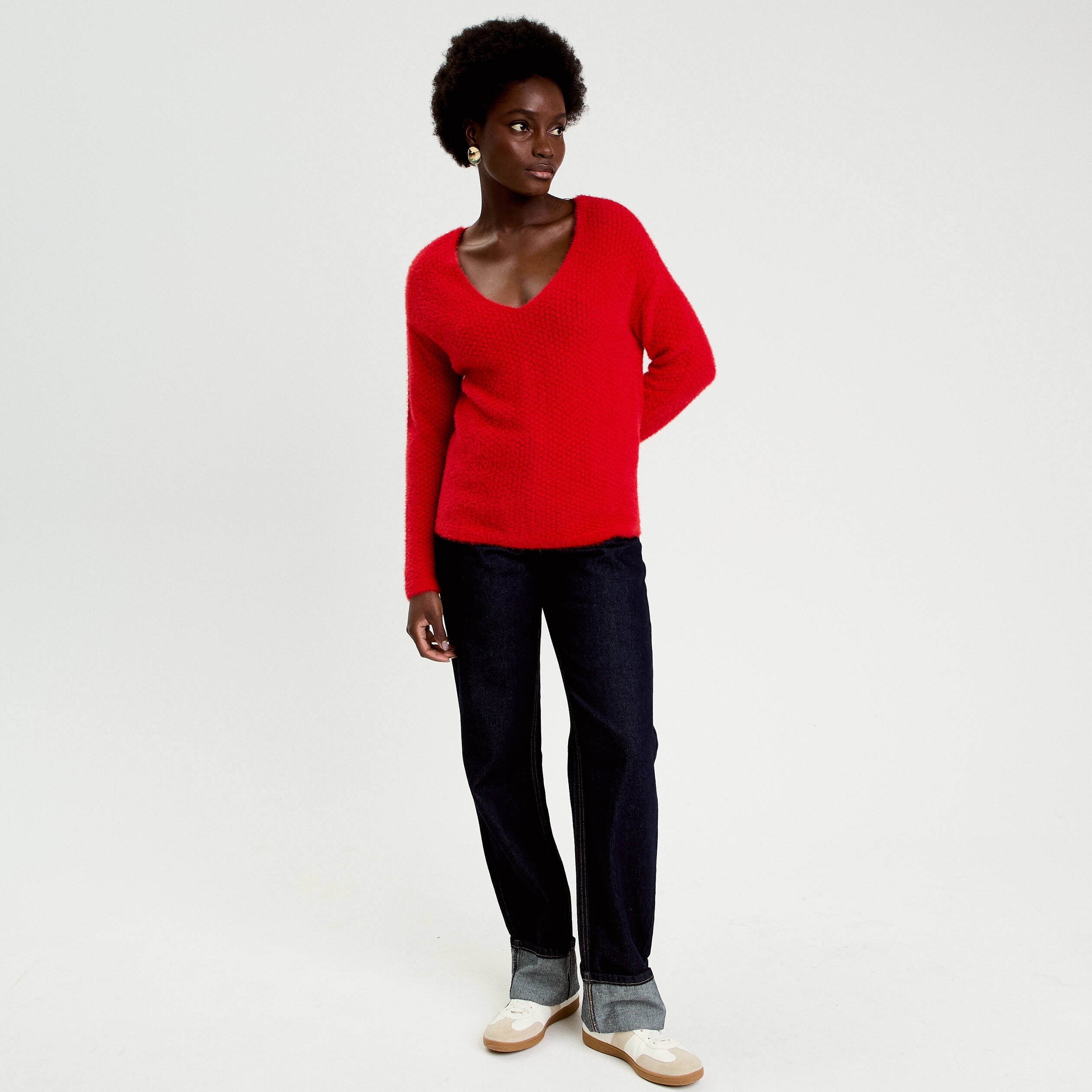 Pull col v manches longues rouge femme