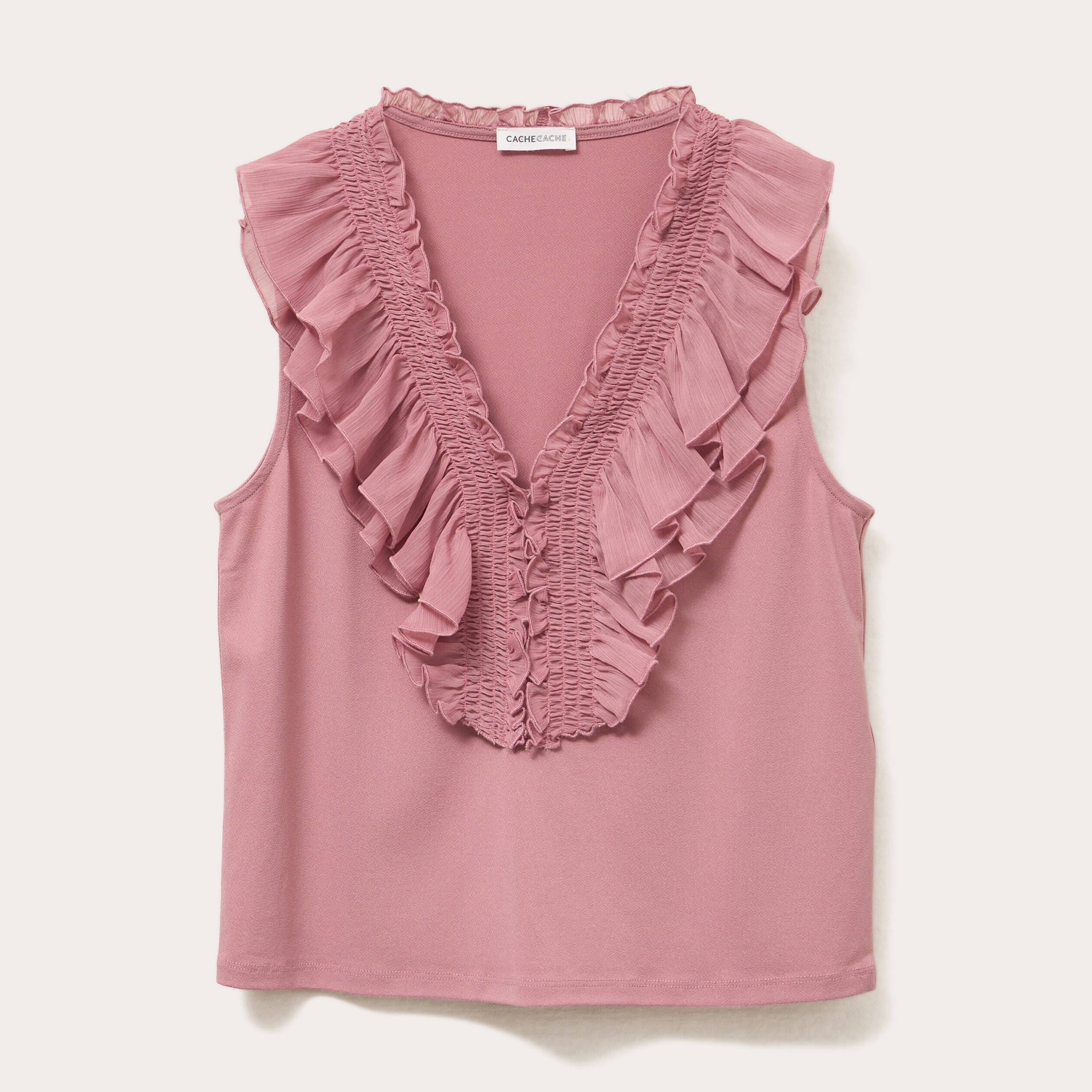 debardeur sans manches volants vieux rose femme Débardeur sans manches volants vieux rose femme