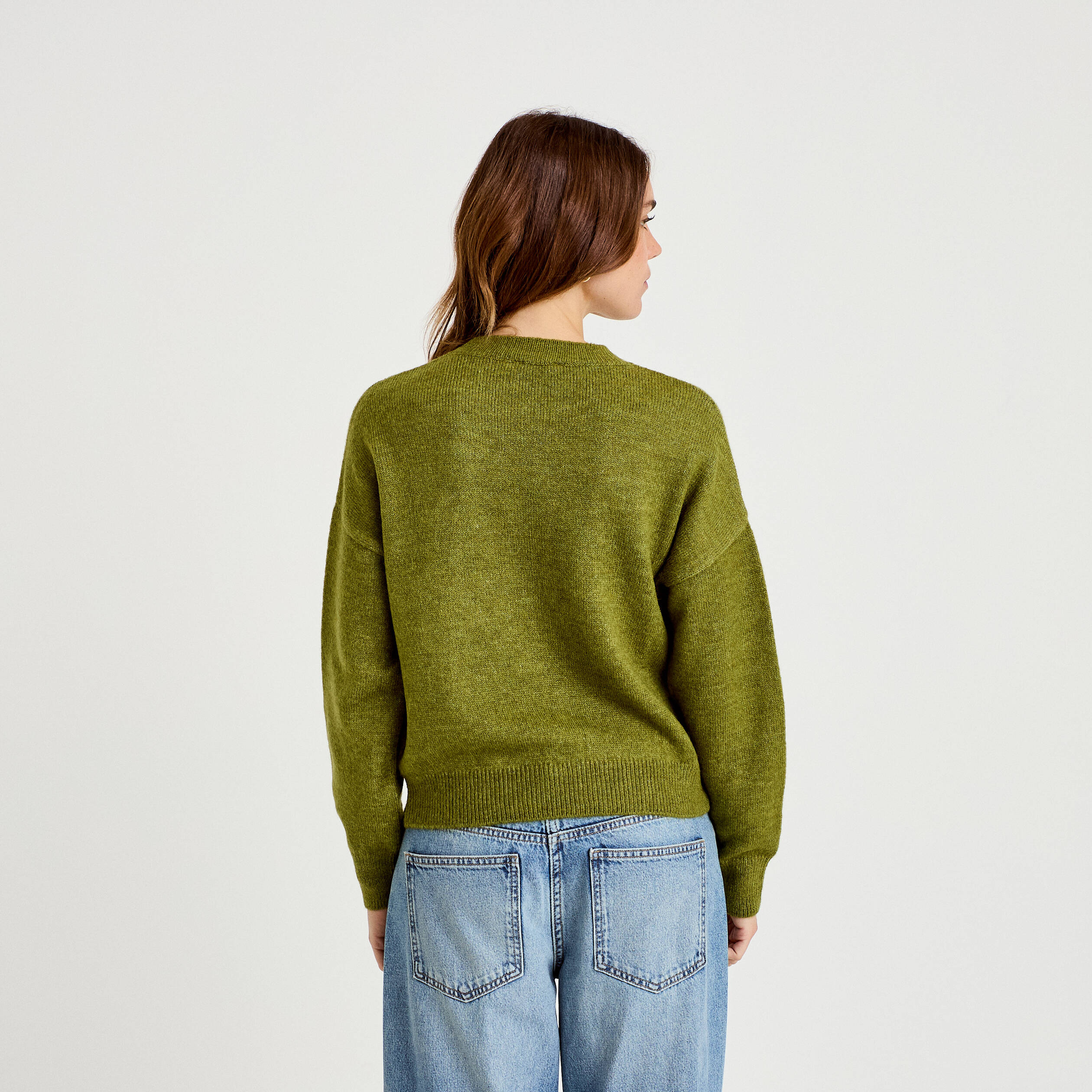Pull col rond manches longues vert fonc&eacute; femme
