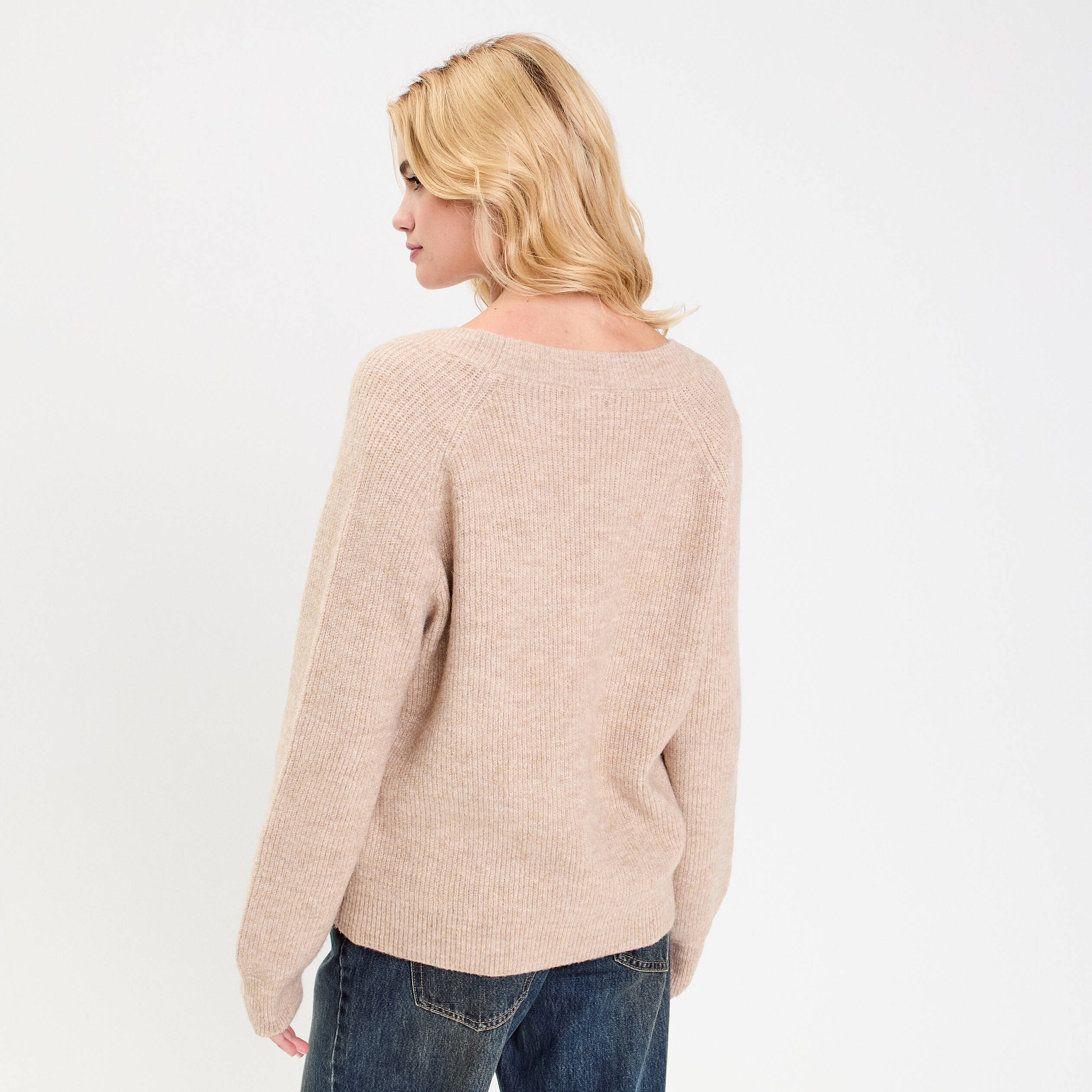 Pull avec col en V beige femme