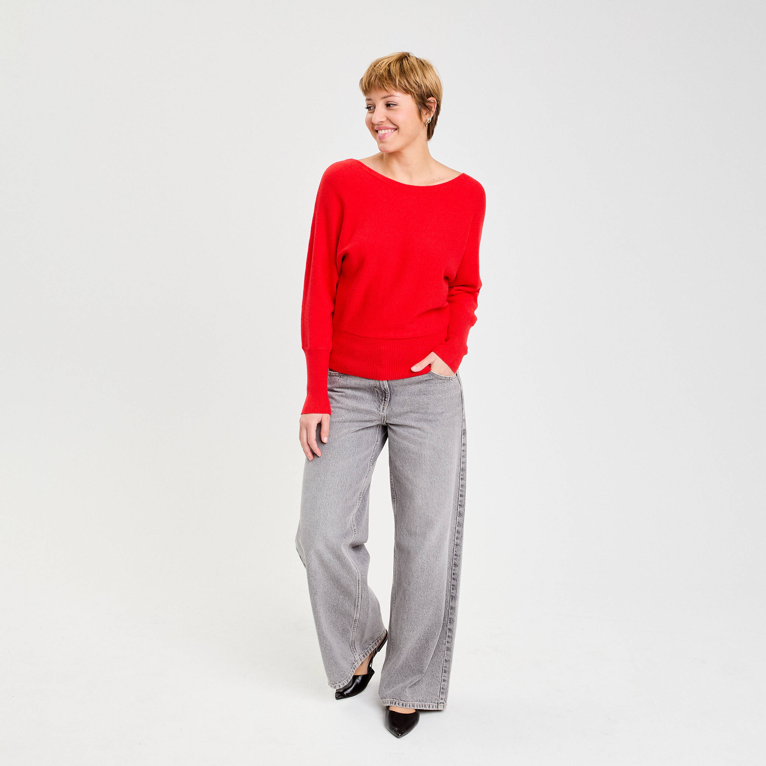 Pull manches chauves-souris rouge femme