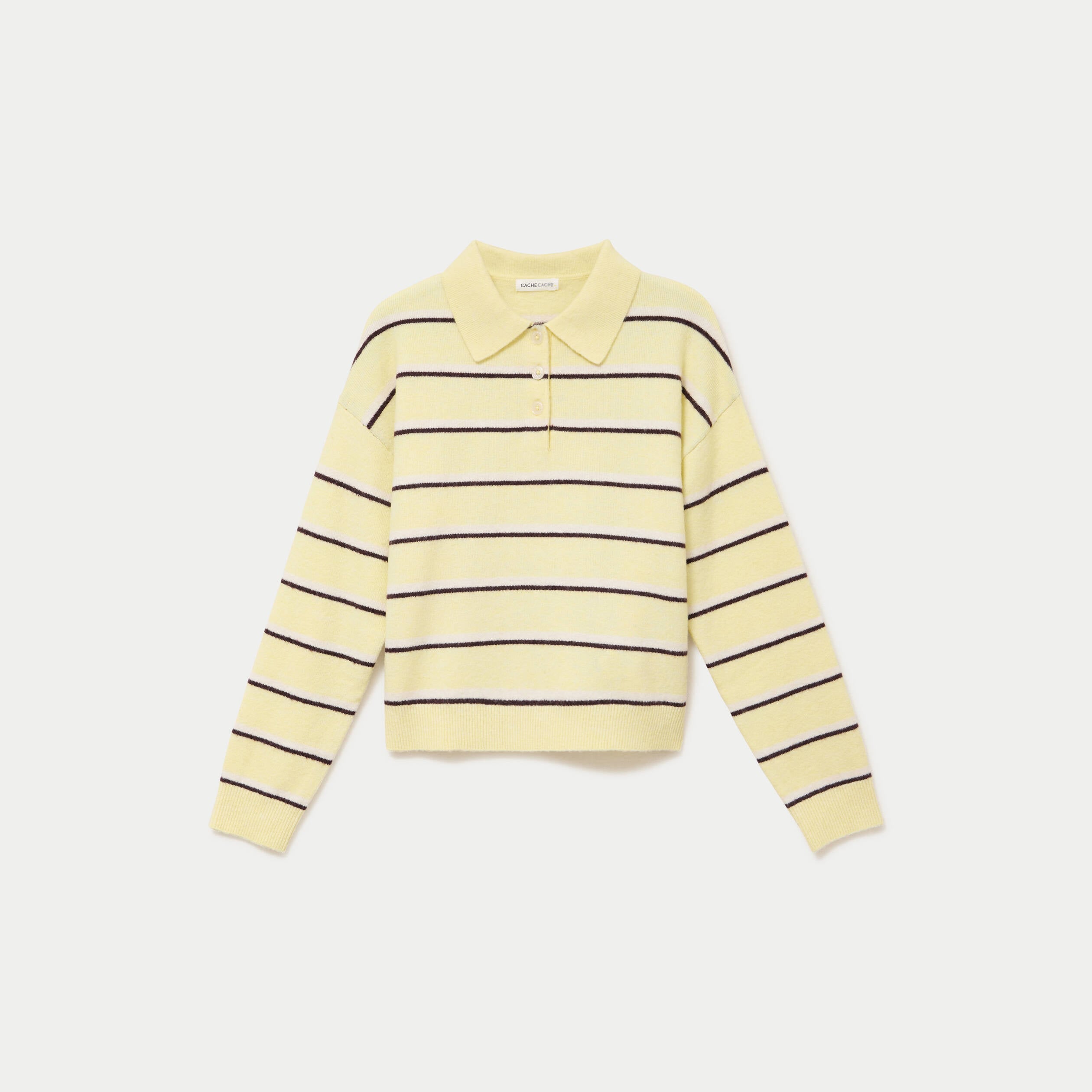 Polo manches longues col chemise jaune clair femme