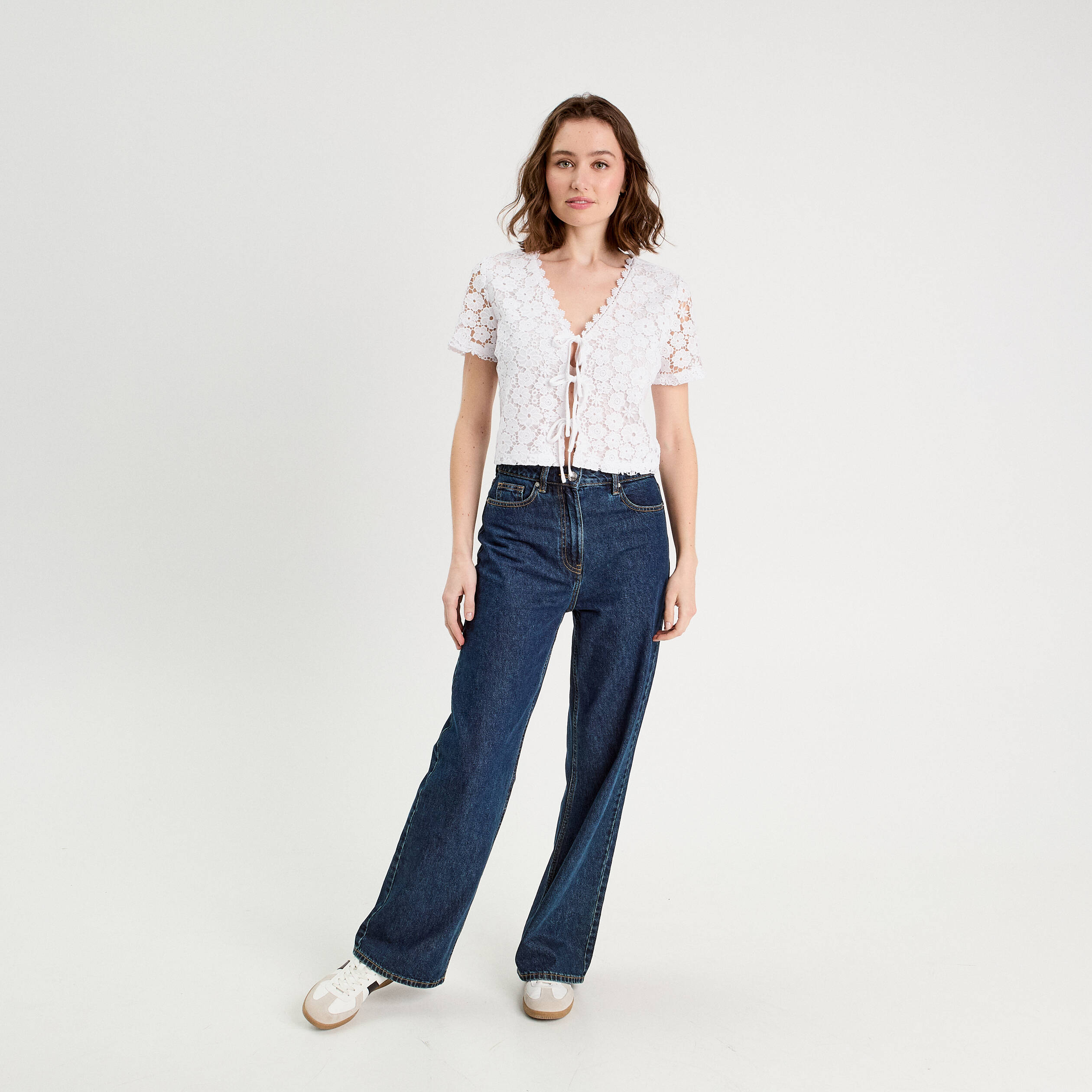 t shirt noue dentelle guipure blanc femme T-shirt noué dentelle guipure blanc femme