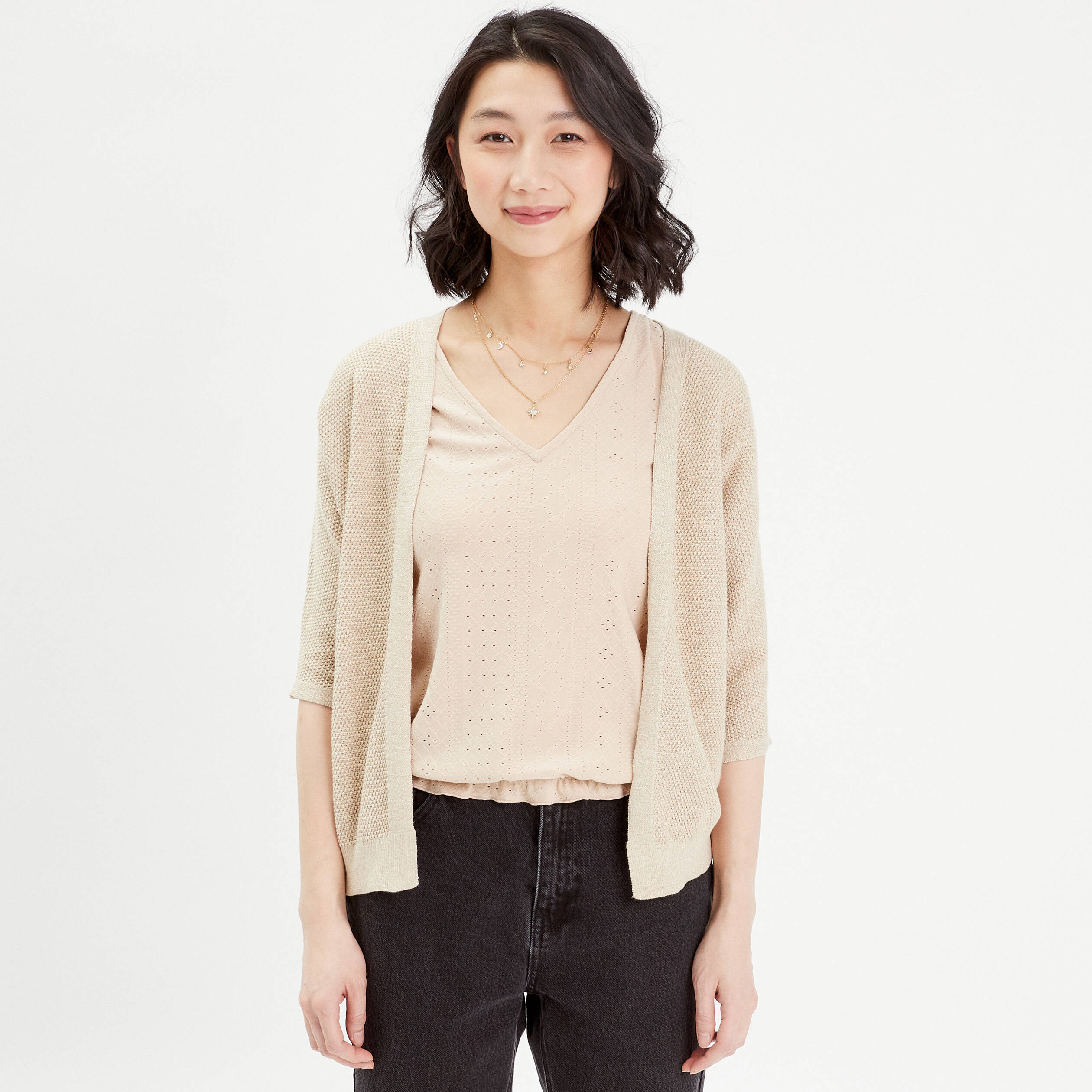 Gilet manches 3/4 beige femme