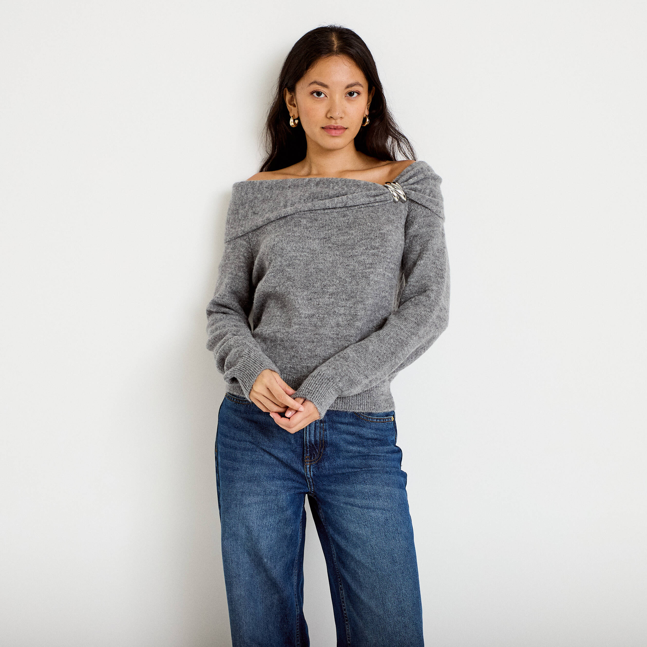 Pull col bardot manches longues gris femme