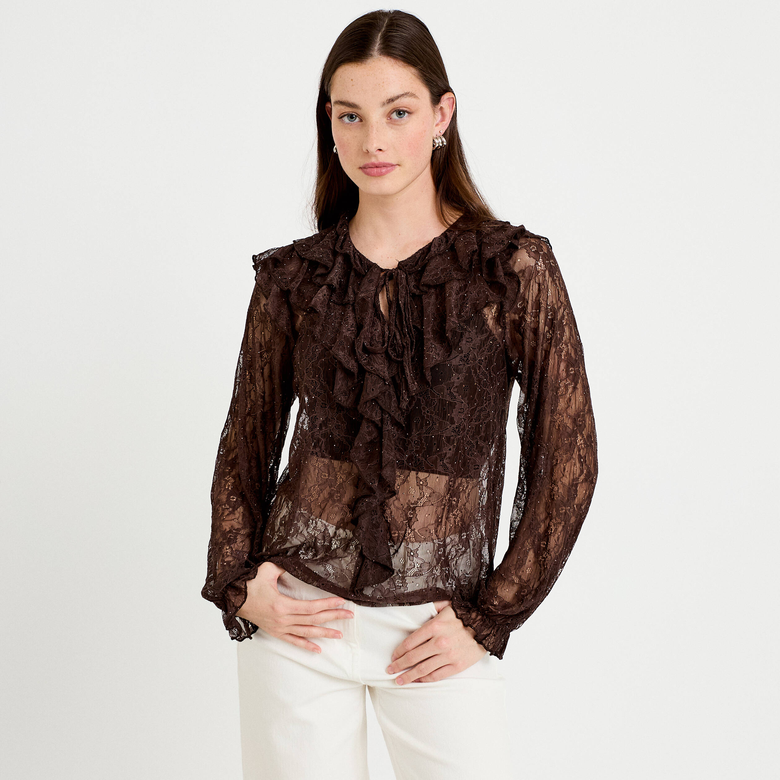 Blouse dentelle manches longues marron fonc&eacute; femme