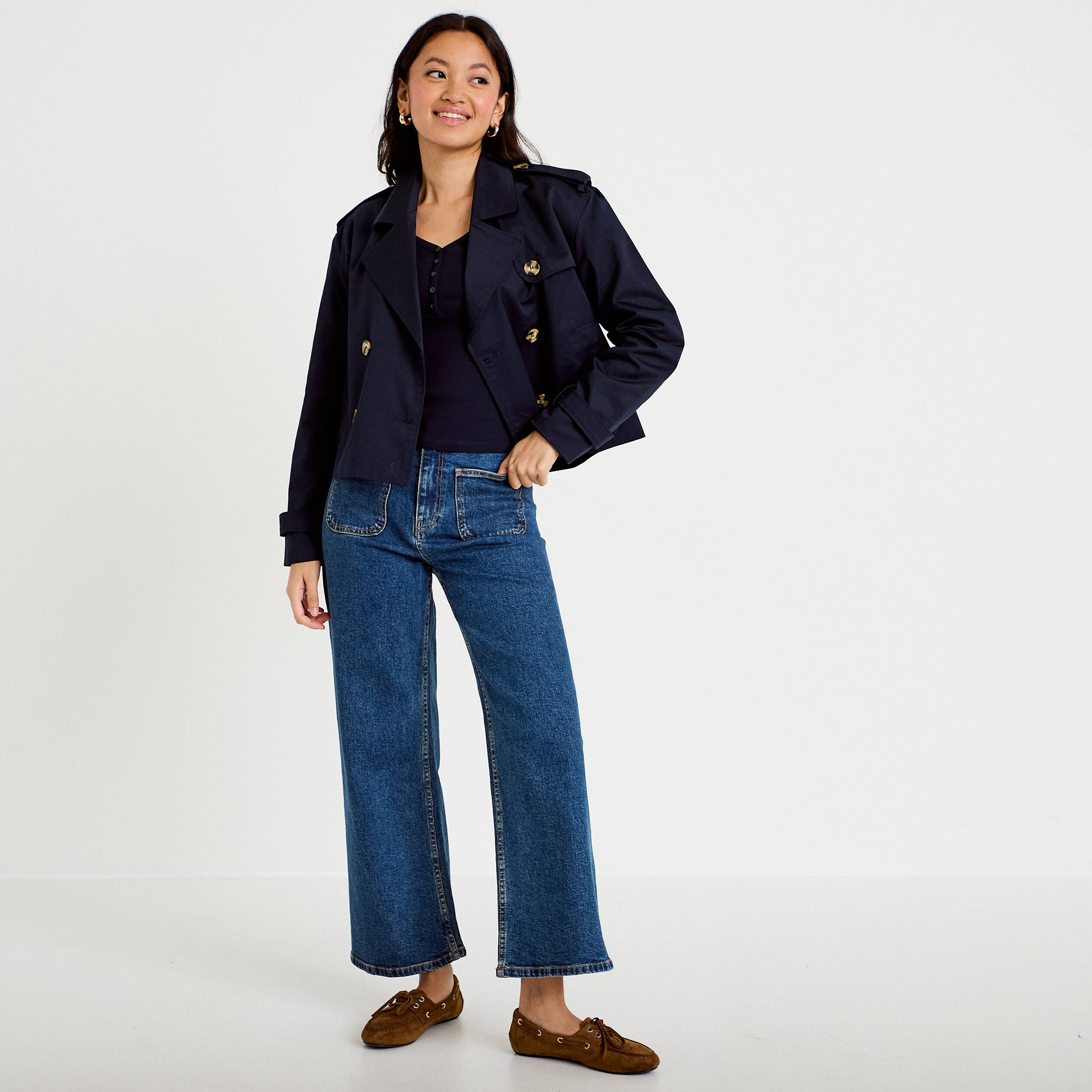 Trench droit court col tailleur bleu marine femme