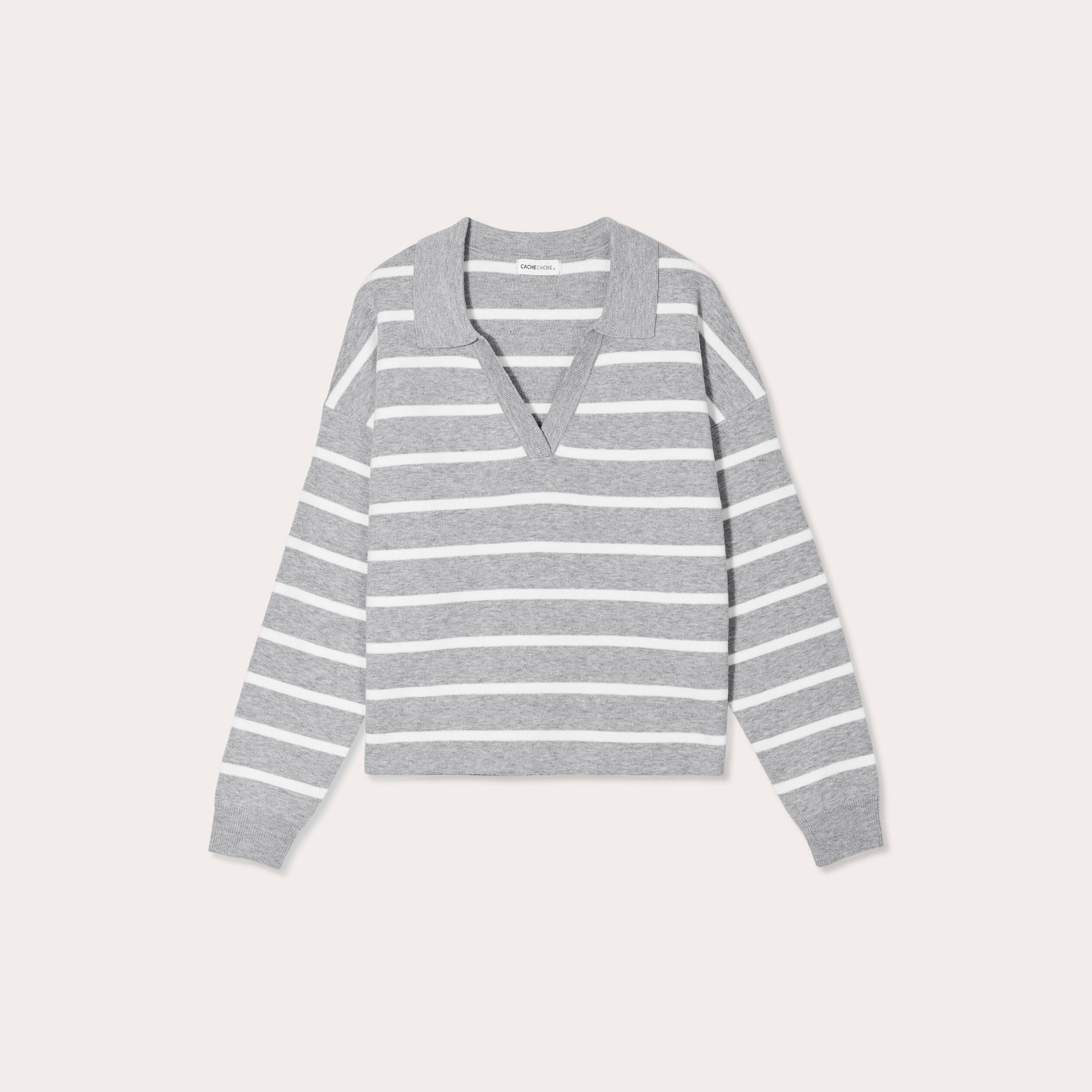 Pull manches longues col polo gris clair femme