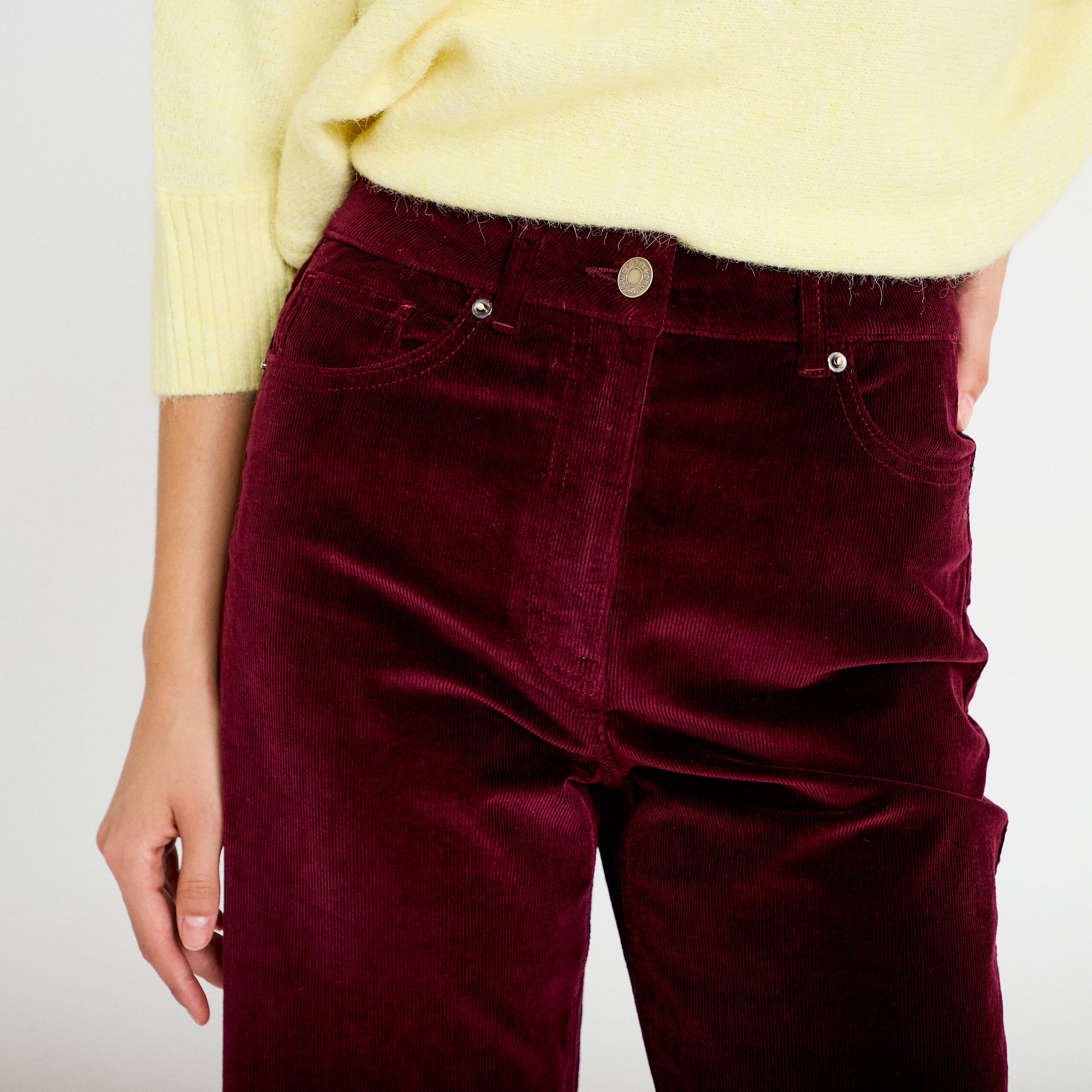 Pantalon bootcut taille haute velours bordeaux femme