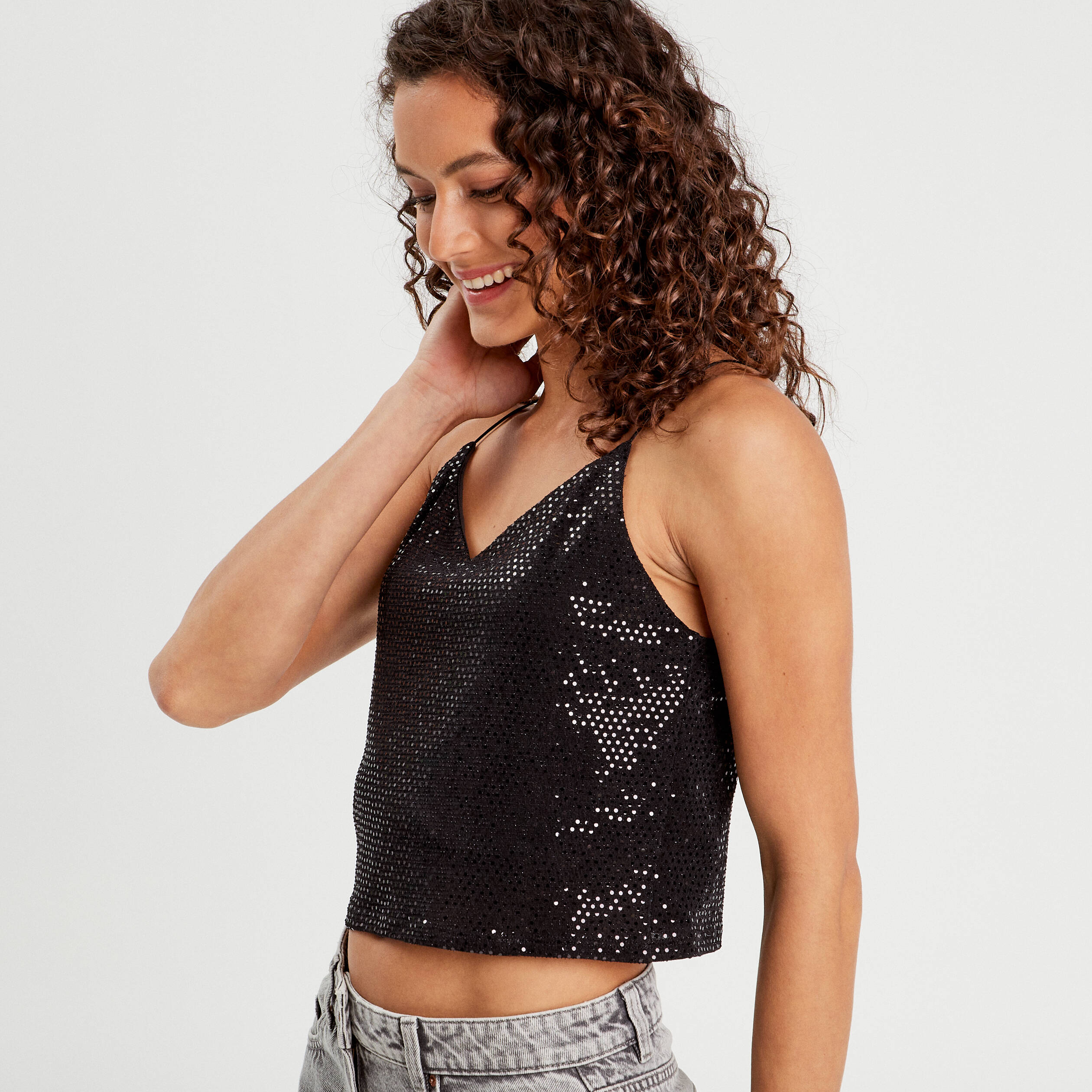 D&eacute;bardeur cropped paillettes noir femme
