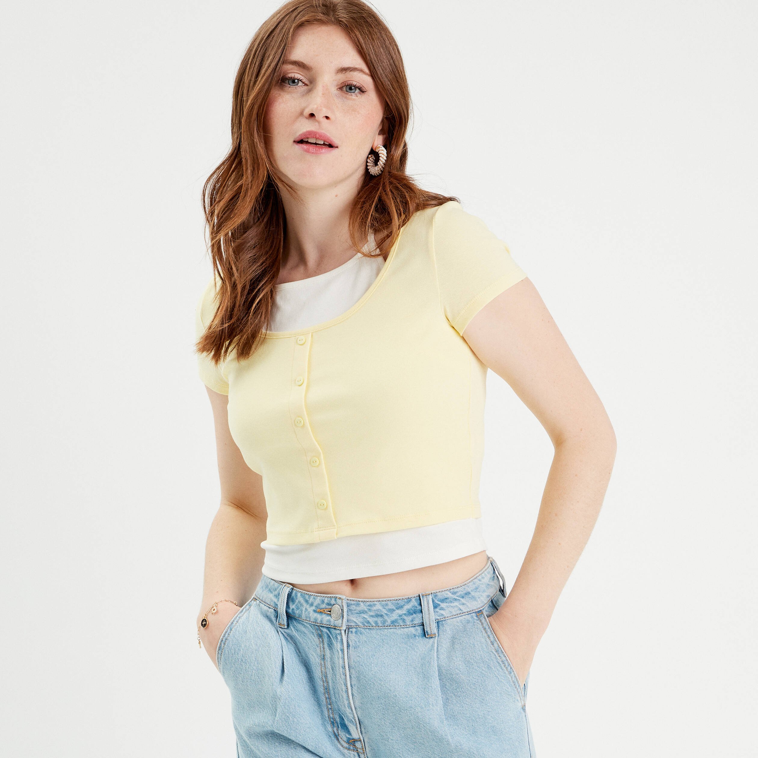 T shirt 2 en 1 jaune pastel femme Vibs