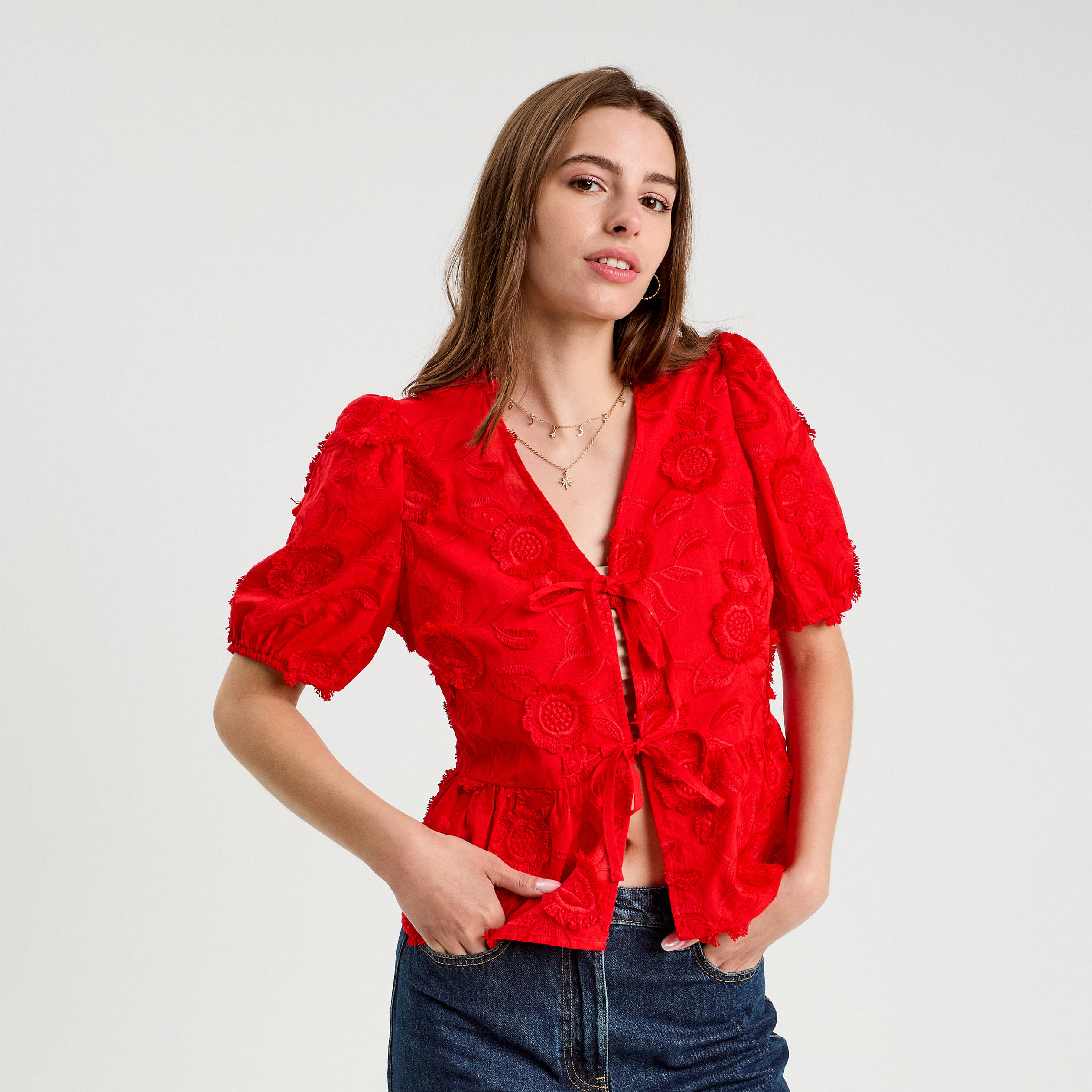 blouse manches courtes noeuds rouge fluo femme Blouse manches courtes noeuds rouge fluo femme