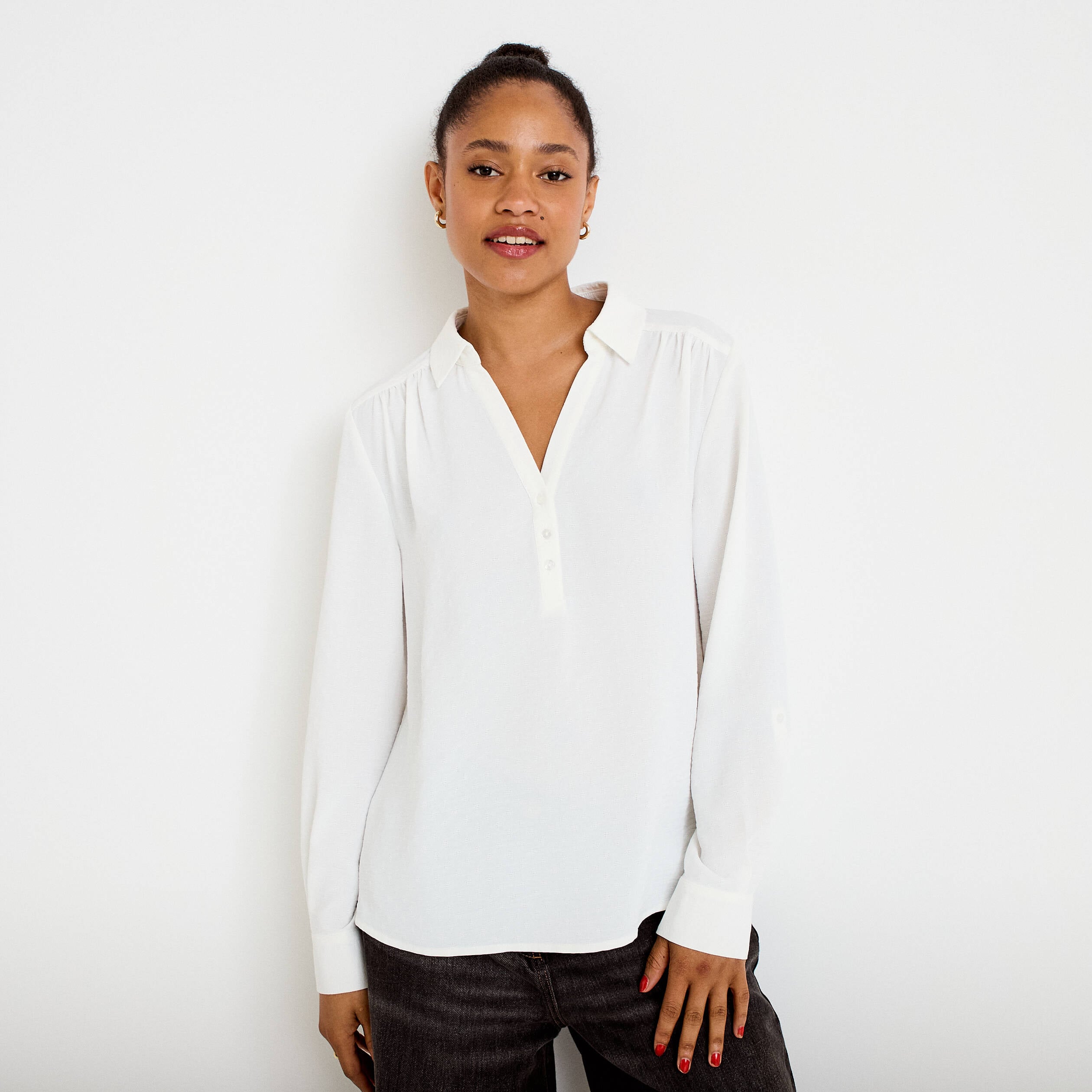 Blouse droite manches longues ecru femme
