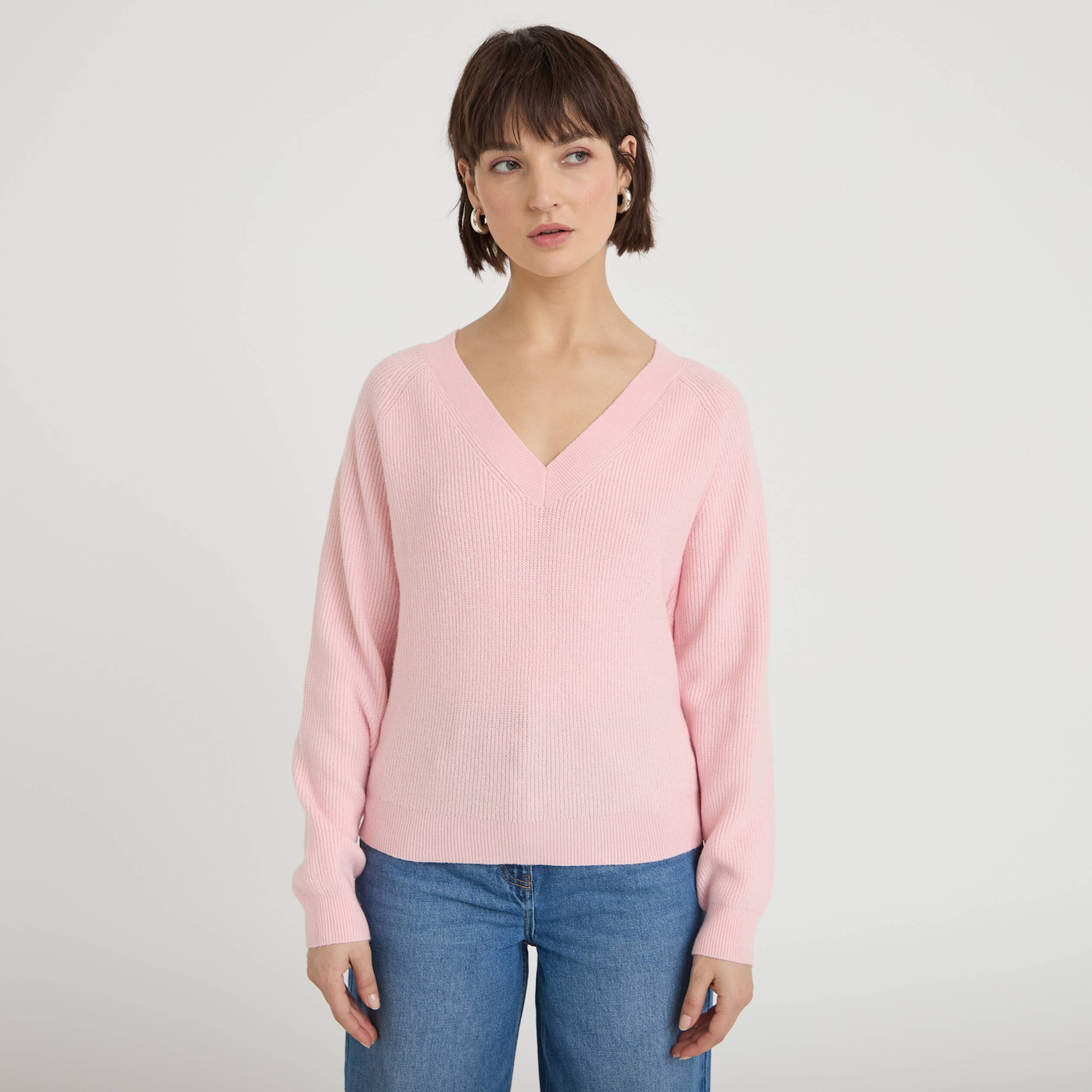 Pull fin col v rose clair femme