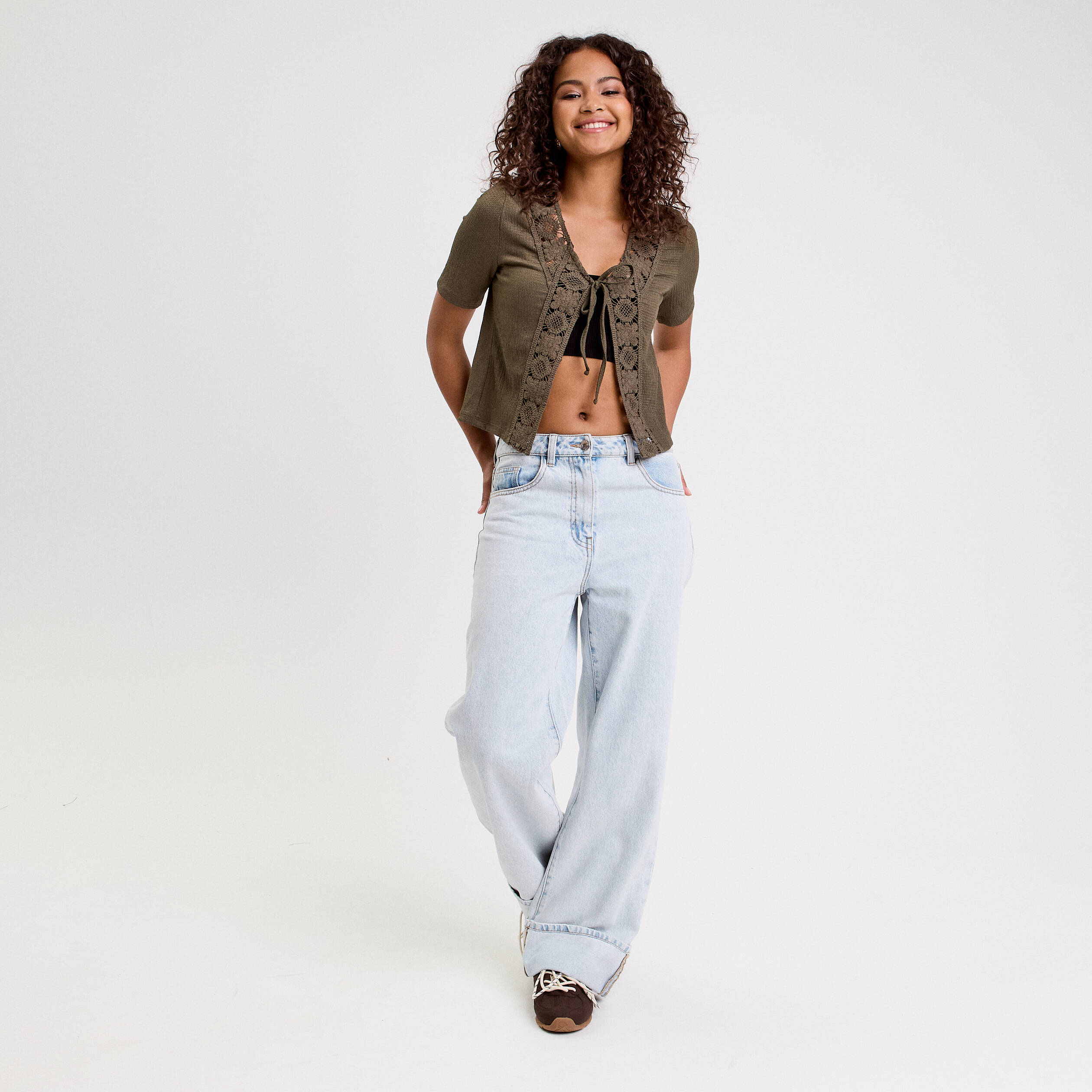 Blouse manches courtes nouée vert kaki femme