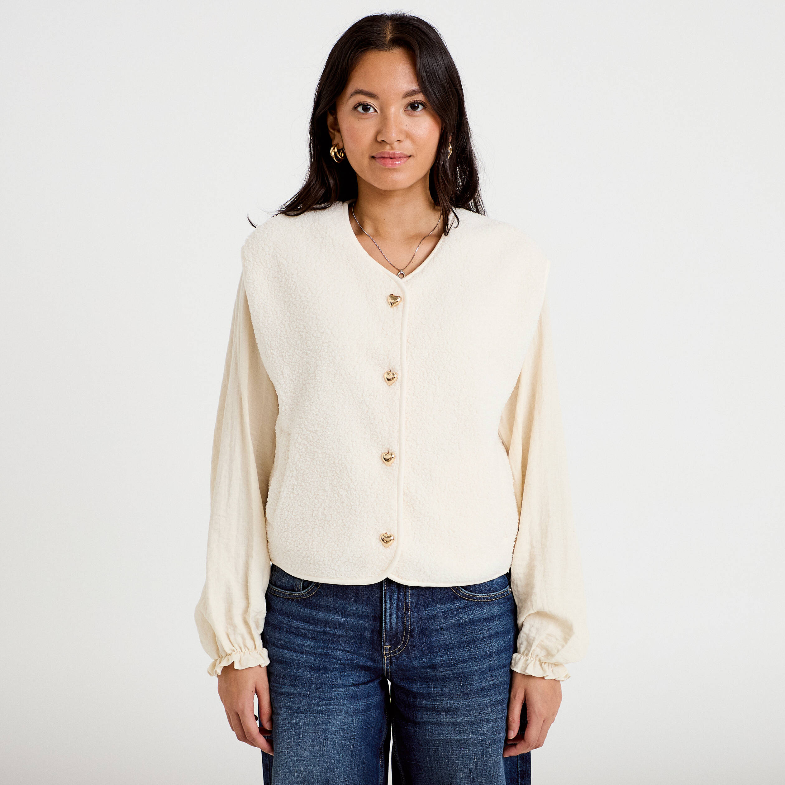 Gilet sans manches effet polaire ecru femme
