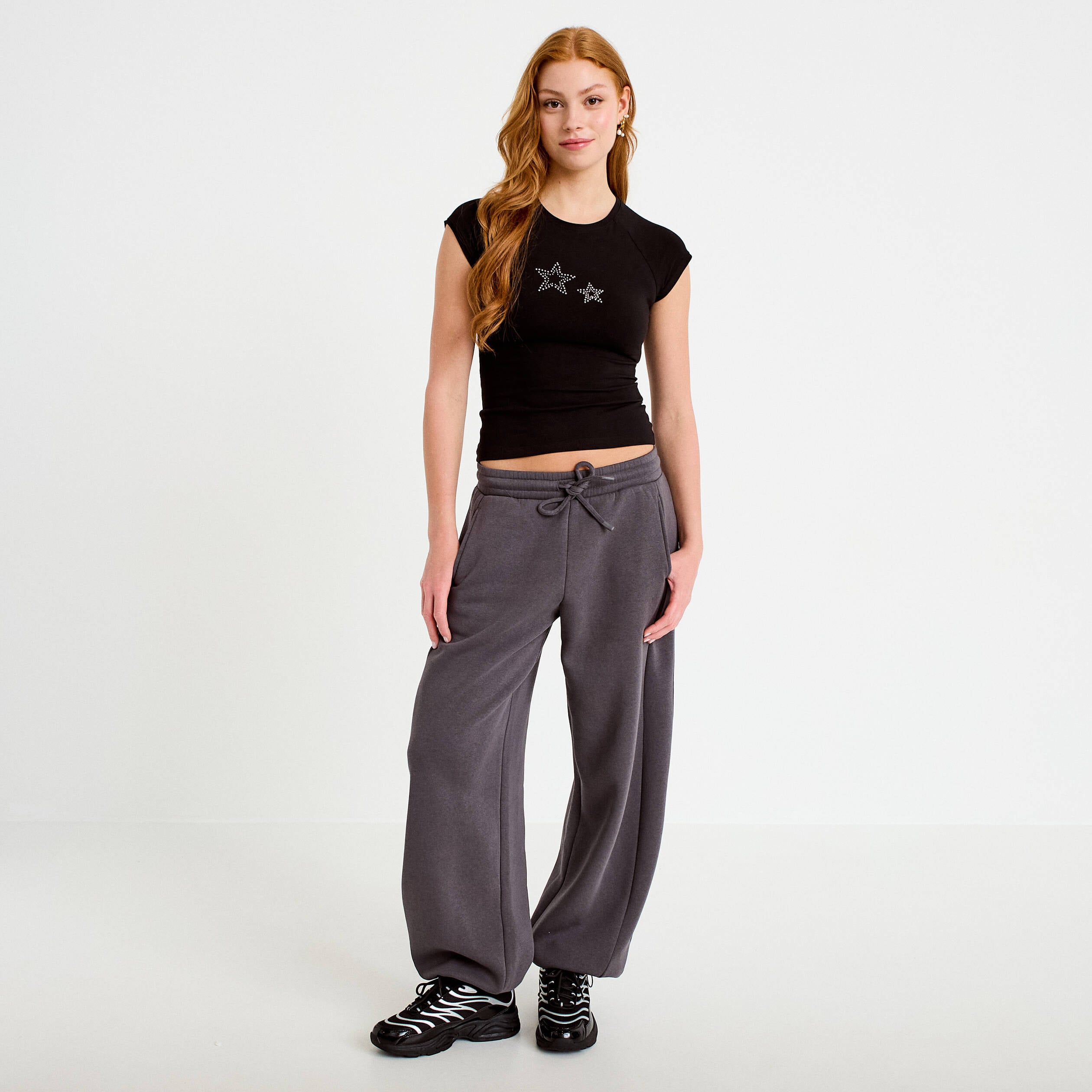 Jogging large taille basse gris fonc&eacute; femme